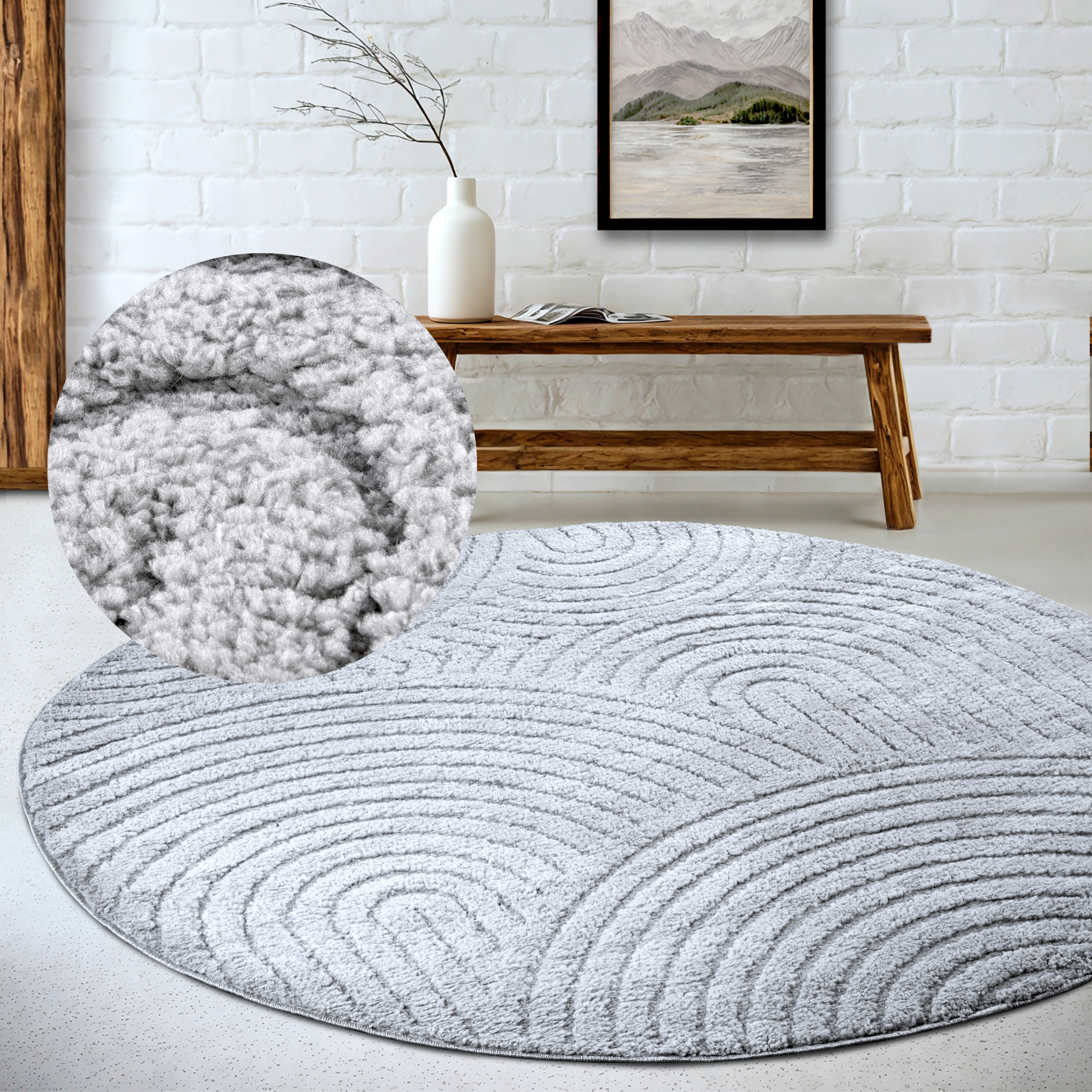 ELLE DECORATION Designteppich "Cosy Panglao, auch als Rundteppich erhältlich" rund 14 mm Höhe uni Kurzflor, Hoch Tief Struktur, modern, Skandi, Boho, Wohnzimmer