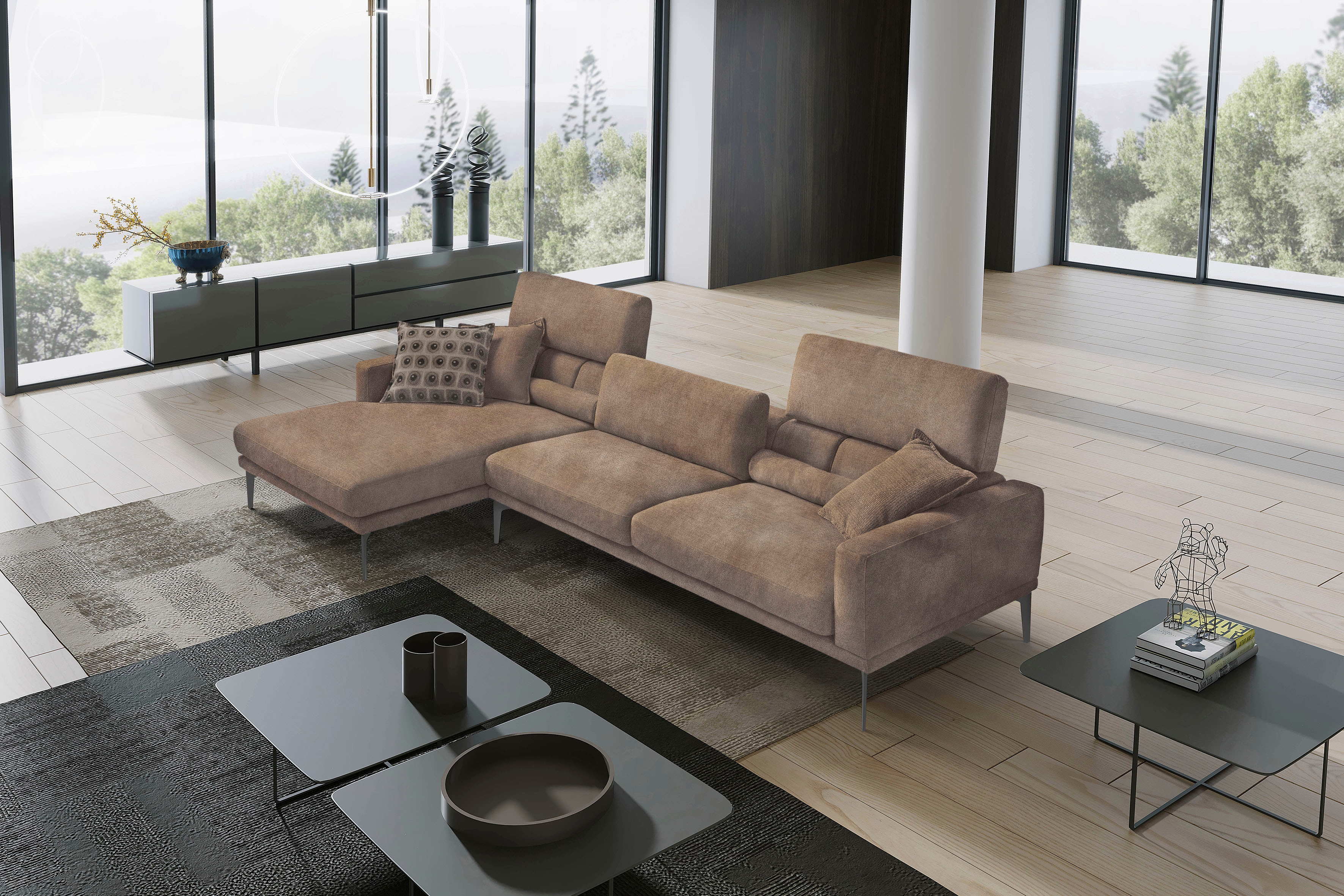 Egoitaliano Ecksofa "Masu, Design trifft sensationellen Sitzkomfort, Breite 277cm, L-Form" inkl. 2 Kissenrollen, Rückenelemente manuell verstellbar, Metallfüße