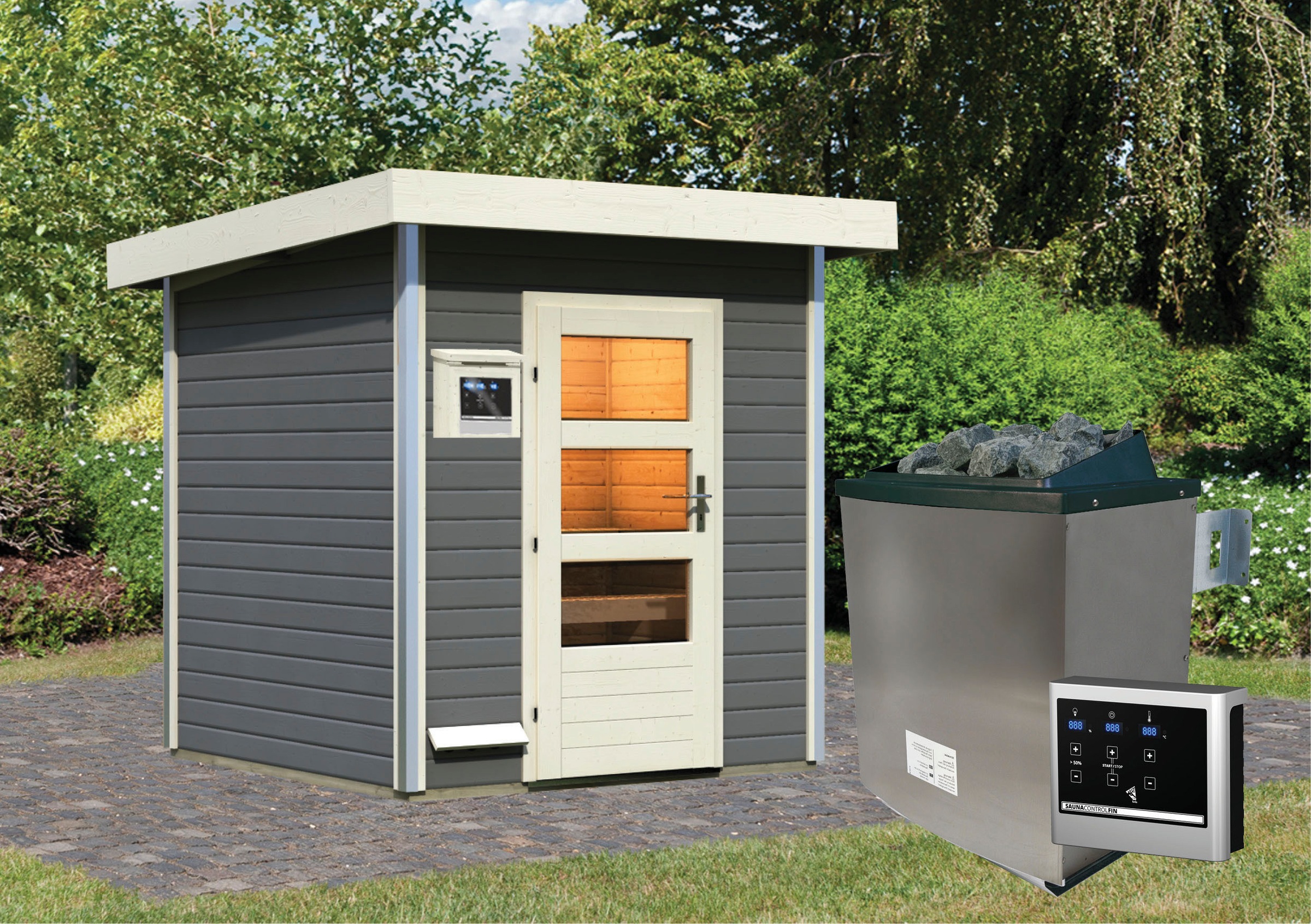 Karibu Saunahaus »Klaas«, moderne Tür, Ofen 9 KW externe Strg easy