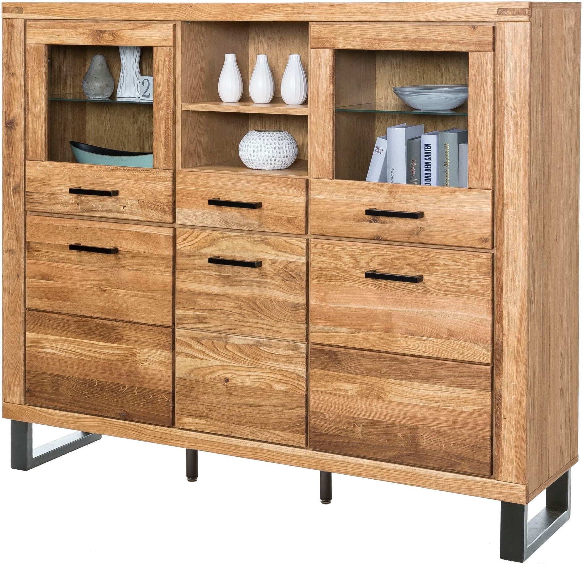 Home affaire Highboard 1 Stk. tlg. Industriestil, Teilmassiv Eiche, schwarz günstig online kaufen