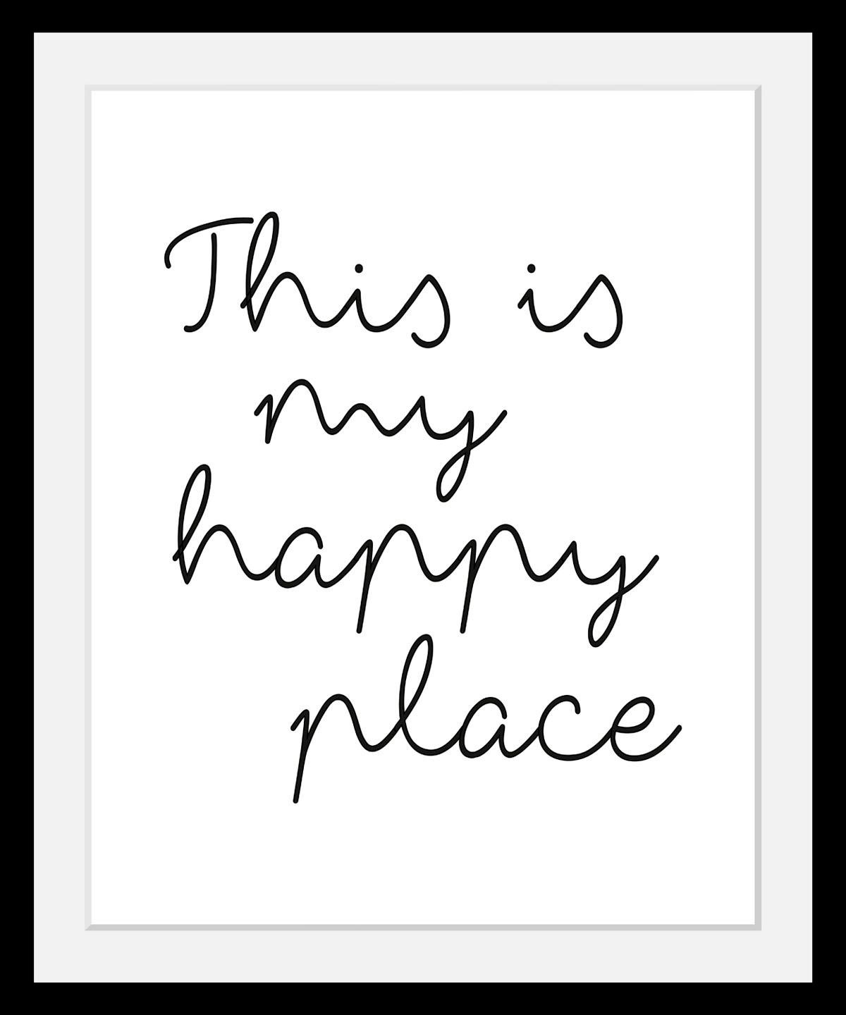 queence Bild "happy place" Fashion Frau Motivationsbilder Schriftzug Schwarz-Weiß HD Premium Poster-Druck inkl. Holzrahmen