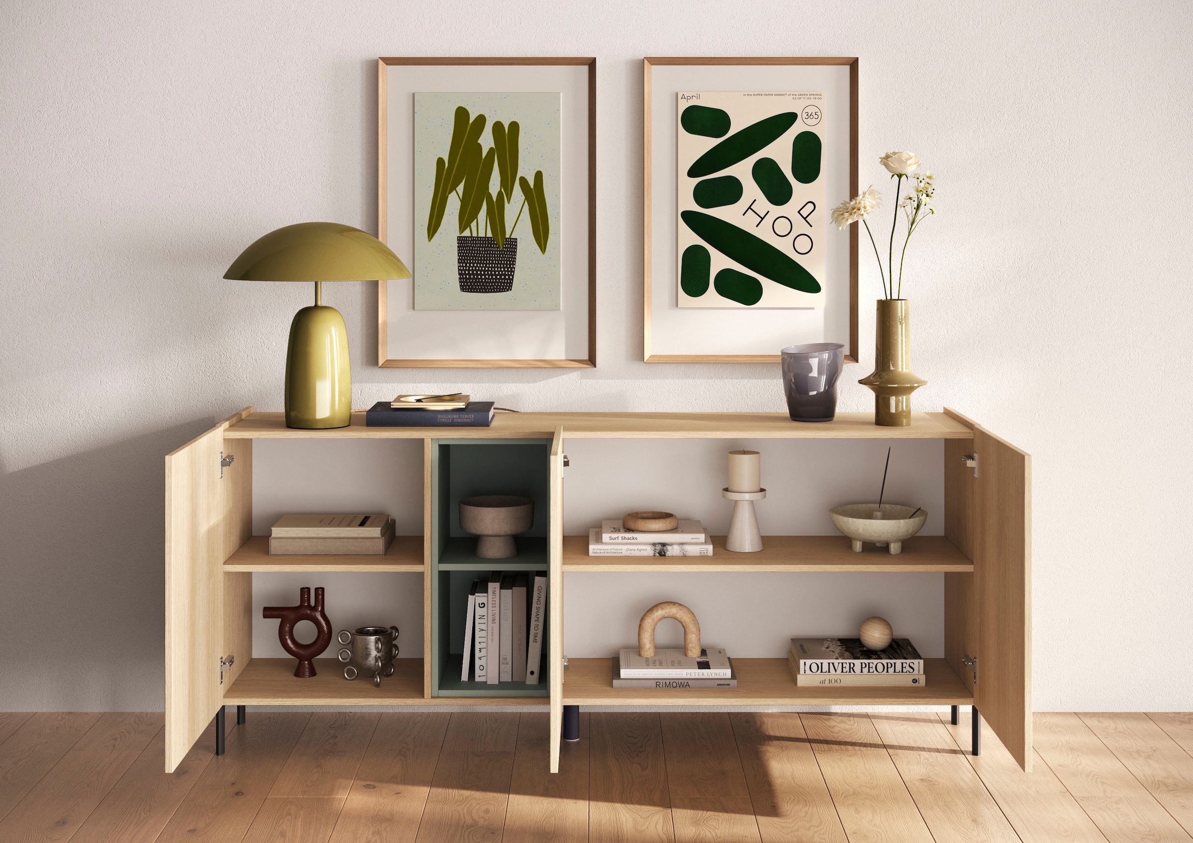 OTTO home Sideboard »Badia, 182 cm breit, 2 Türen, Anrichte, Kommode, Stauraumschrank« Innenliegendes Top, gerade Metallfüße, salbeigrüne Farbakzente