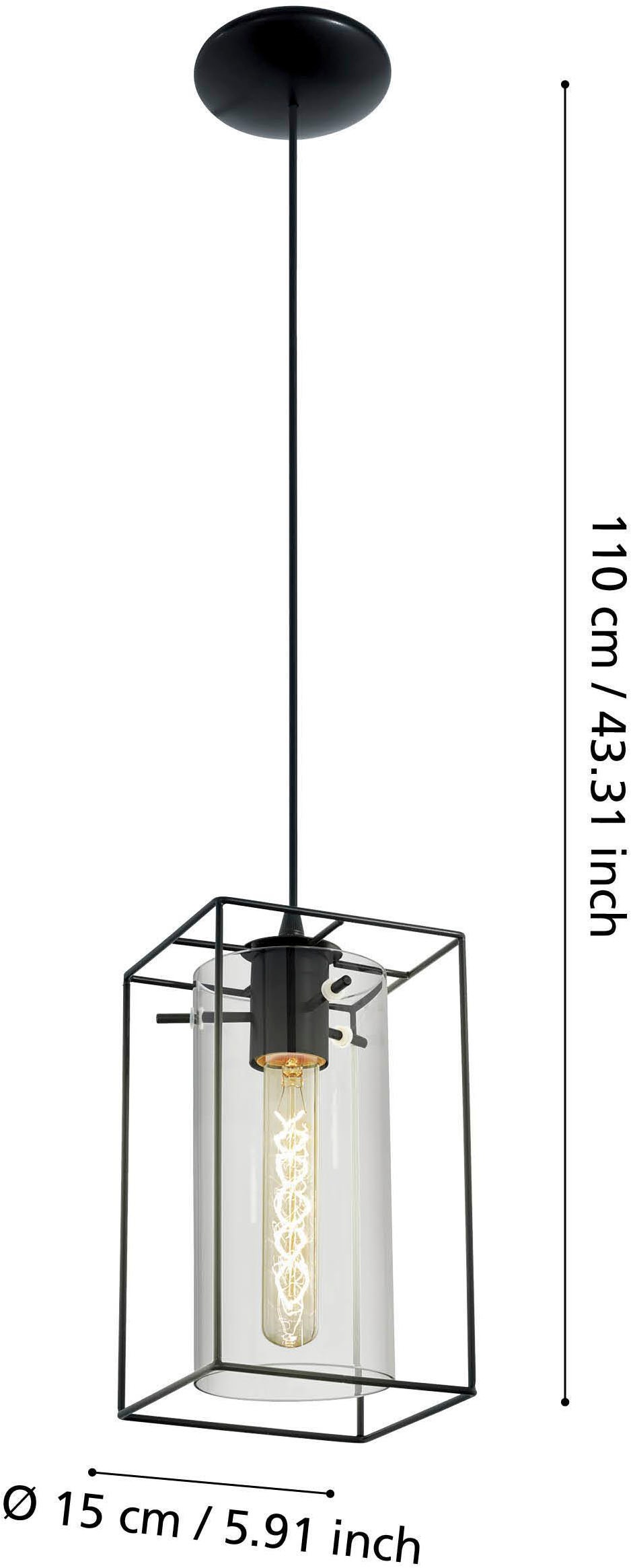 EGLO Hängeleuchte »Loncino Pendellampe, Vintage, Hängelampe aus Stahl und Glas, E27« E27 1 Stk. Hängeleuchte - L15 x B15 x H110 cm - schwarz - 1X60W exkl.