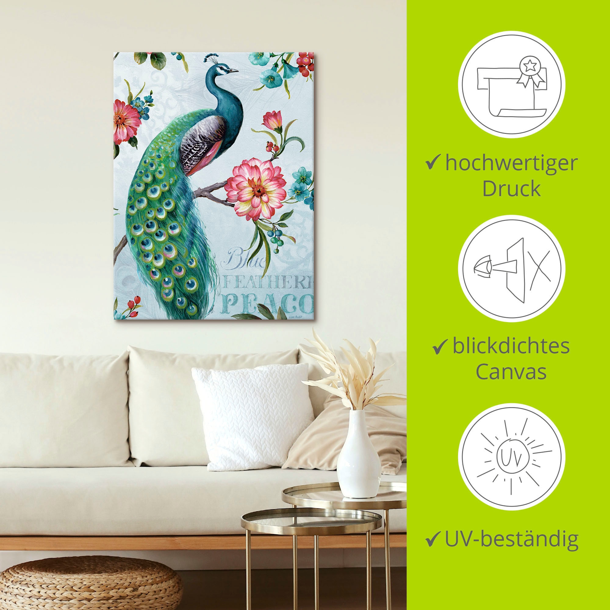 Artland Leinwandbild »Blau gepfederter Pfau« Vögel 1 Stk. tlg. auf Holzrahmen gespannt