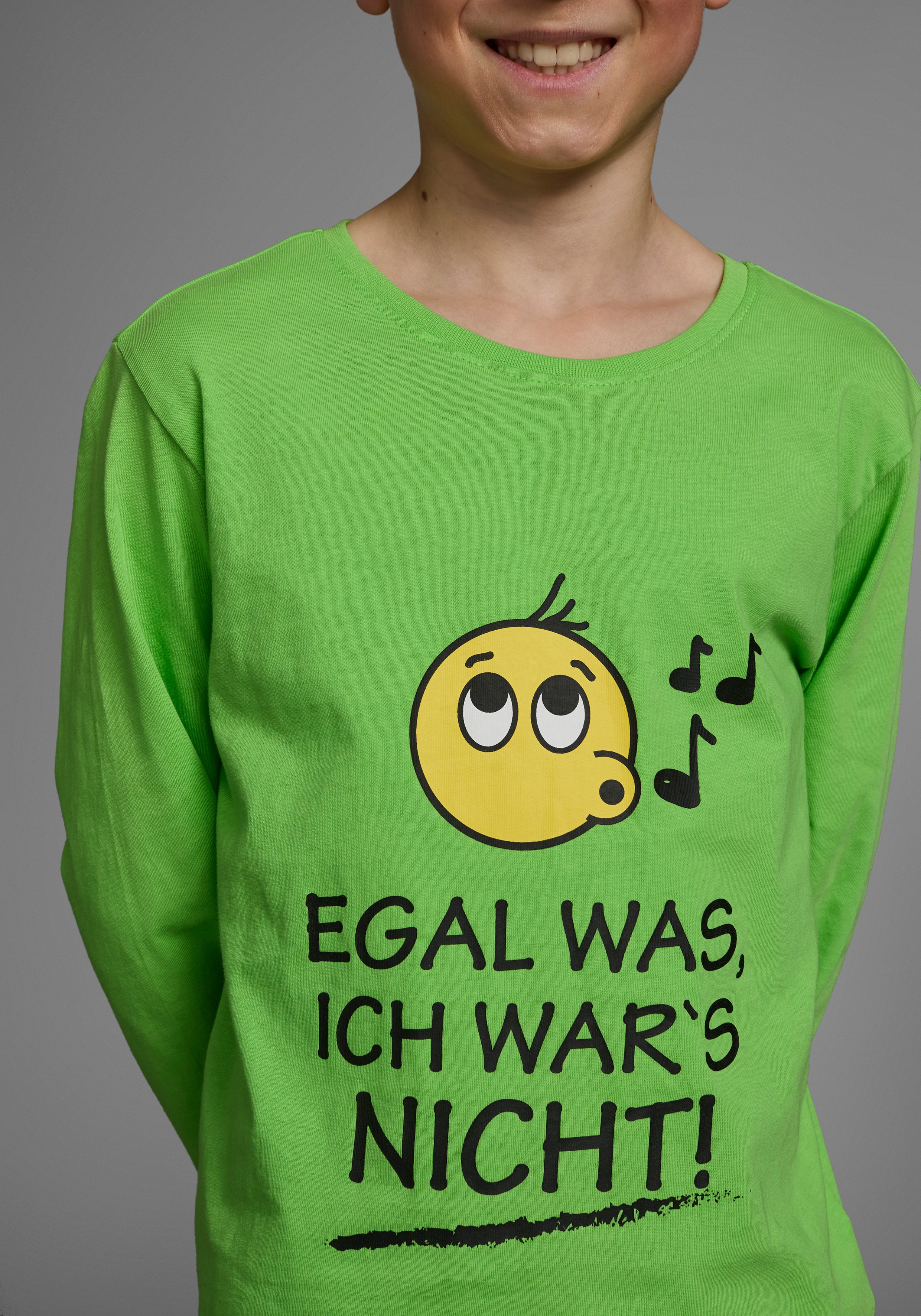 Thumbnail - KIDSWORLD Langarmshirt "EGAL WAS, ICH WARS NICHT" Langarm, Basic-Passform, peppiger Aufdruck, Rundhalsausschnitt