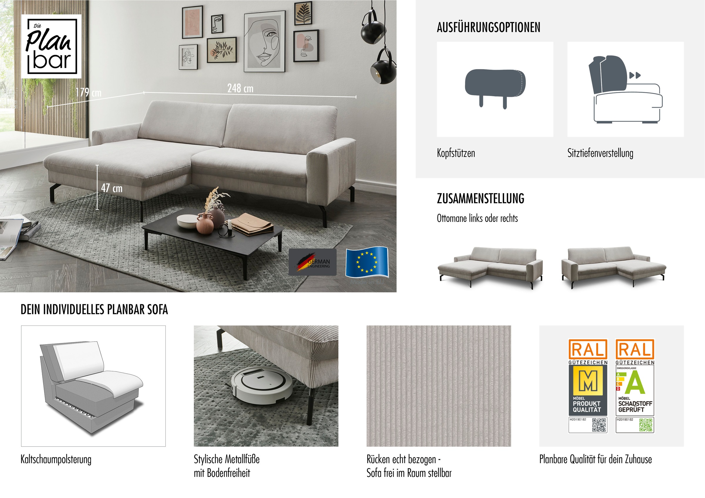 Die PlanBar Ecksofa wahlweise mit Kopfstützen und Sitztiefenverstellung
