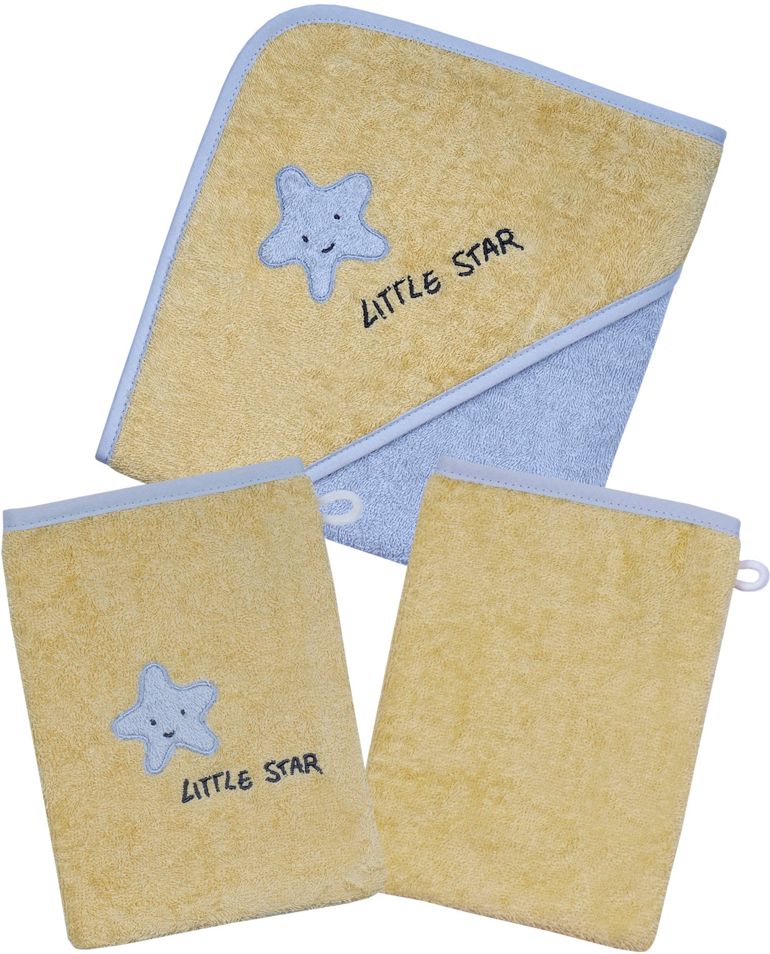 Handtuch Set WÖRNER, gelb, Frottier, Obermaterial: 100% Baumwolle, Handtücher, "Little Star Kapuzenbadetuch mit 2 Waschhandschuhen", mit Stickerei