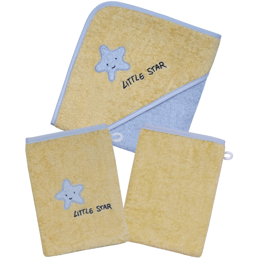 Wörner Handtuch Set »Little Star Kapuzenbadetuch mit 2 Waschhandschuhen«, (Spar-Set, 3 St.), mit Stickerei Stern mit Schriftzug