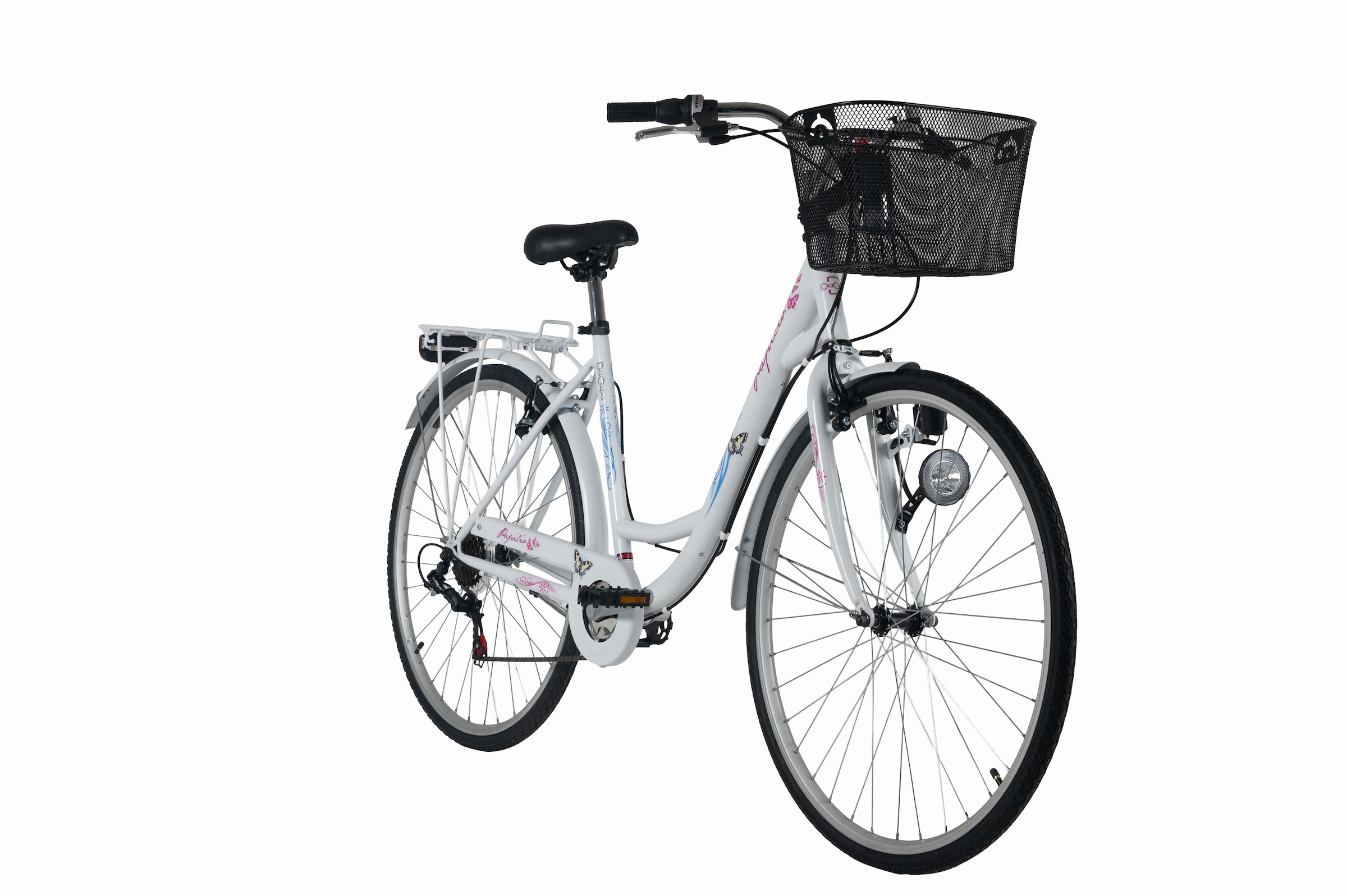 Dacapo Cityrad »DaCapo Citybike 28'' Papilio weiß-Pink mit Korb RH 48 cm« 6 Gang Shimano Tourney Schaltwerk Kettenschaltung