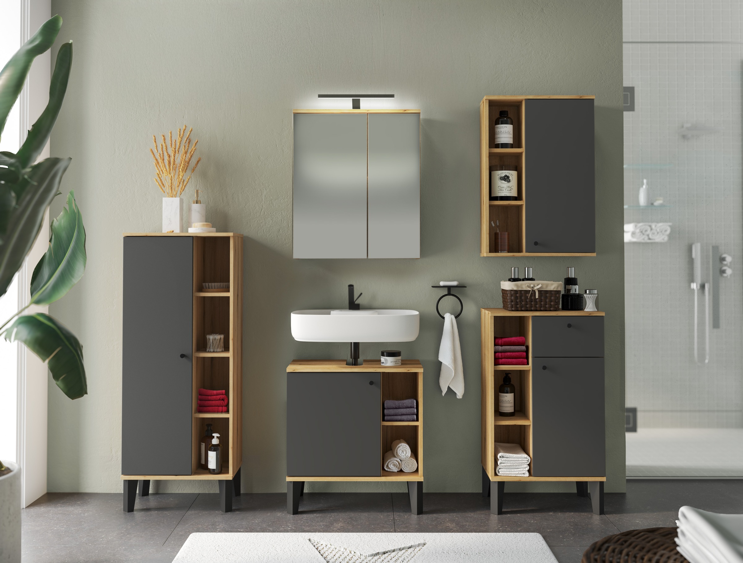 INOSIGN Badmöbel-Set »OSLO, Bad im skandinavischen Design, 5-teiliges Badezimmer«, (Set, 5 St.), Badschränke und Spiegel, in zwei Farben verfügbar, viel Stauraum