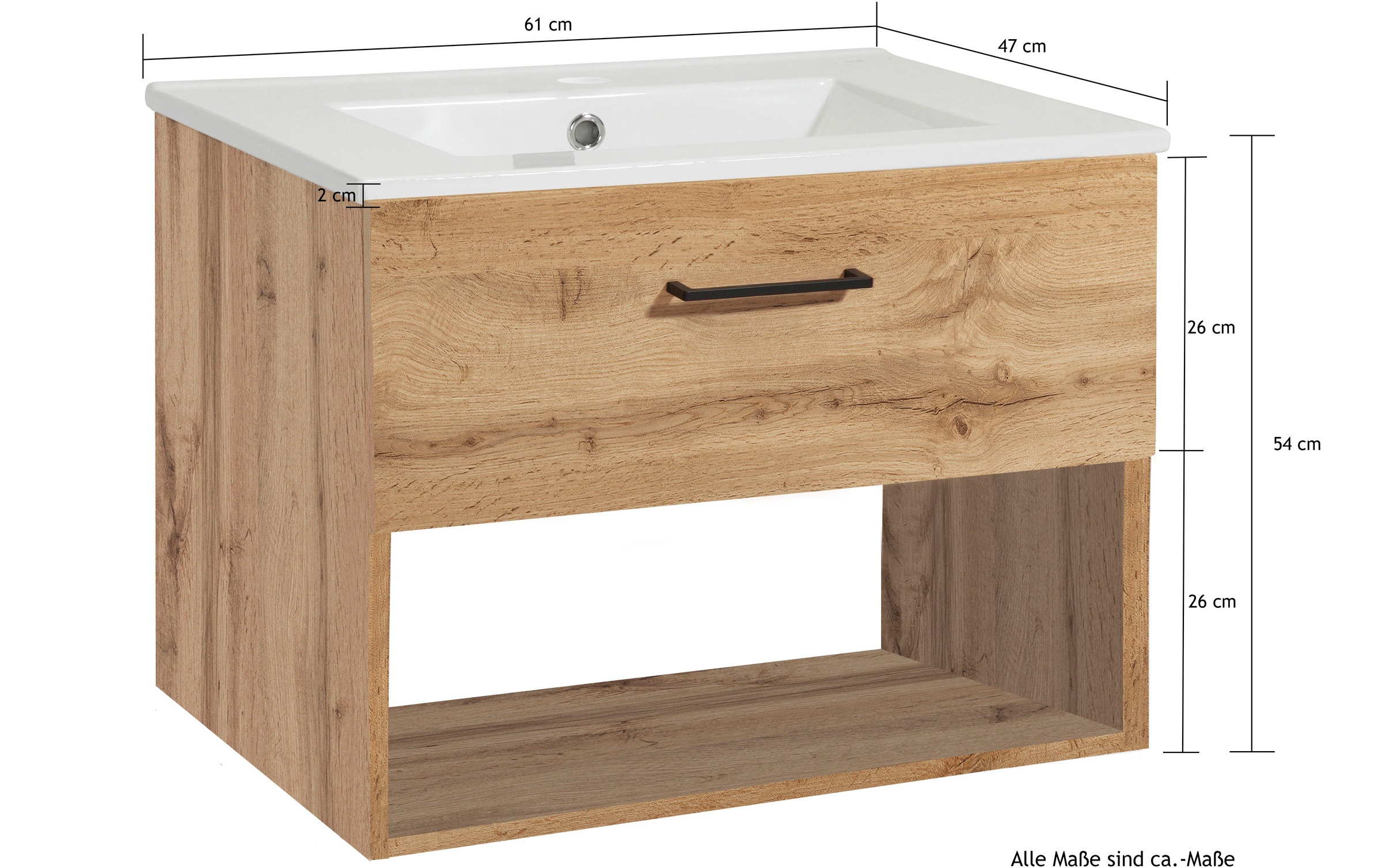 welltime Waschtisch »Trento Light mit Keramik-Auflagebecken«, 1 Auzug und 1 offenes Fach, Breite: 61cm, Wotaneiche