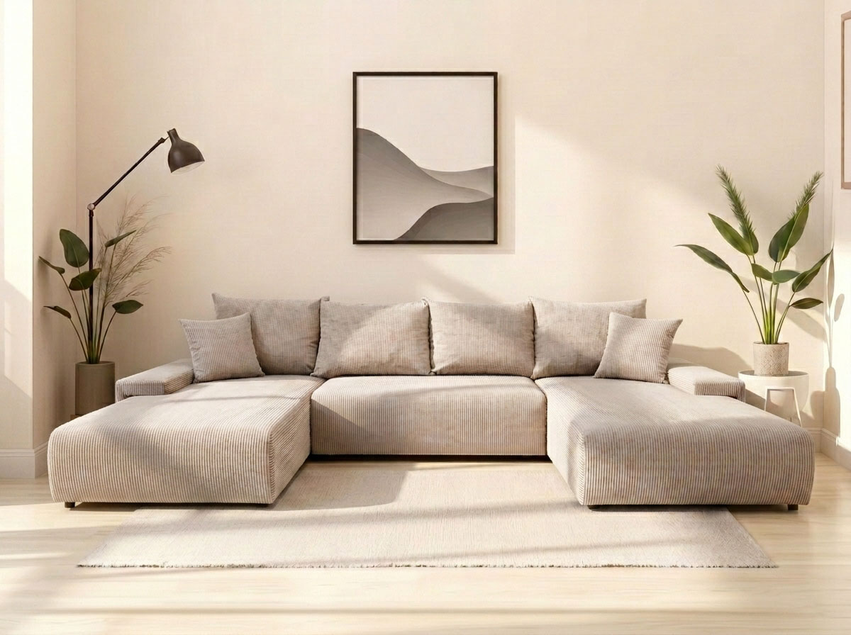 WERK2 Wohnlandschaft "Amalfi 348 x 188 cm modern und bequem" Cord, U-Form, XXL, Schlaffunktion, Bettkasten