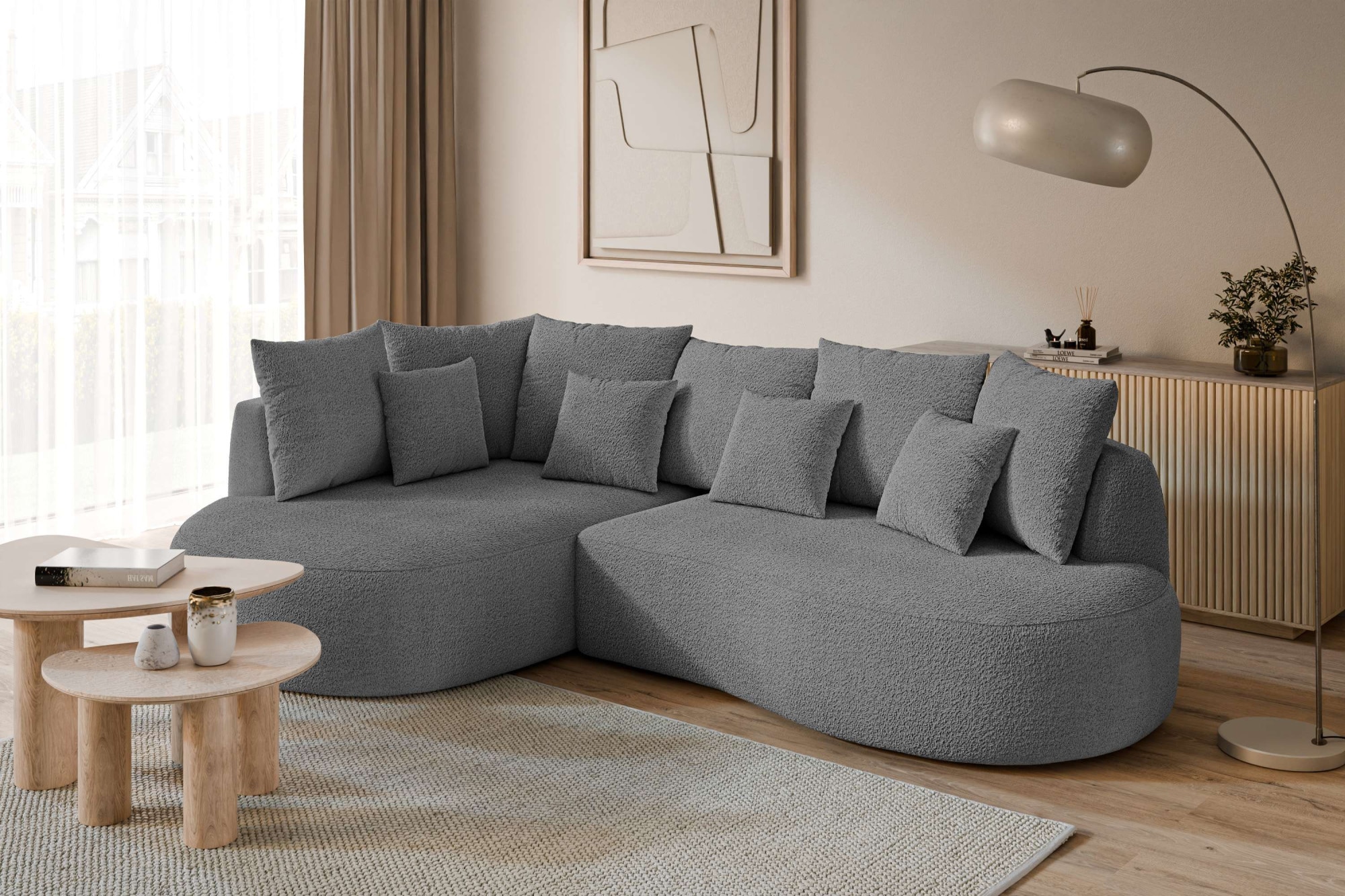 homsy by Ana Johnson Ecksofa "PEBBLA L-Form mit vielen Kissen, modernes Design, Bezug- Boucle" Breite 267 cm, Design-Sofa mit Ottomane recht/links bestellbar