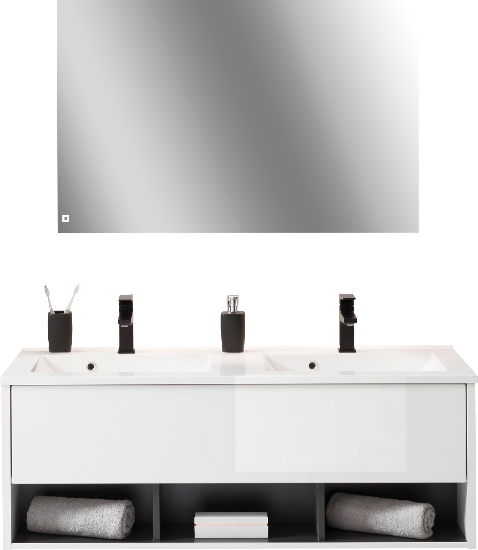 Places of Style Badmöbel-Set »Studio Line, Bad im modernen Design, 2-teiliges Badezimmer«, (2 St.), Waschtisch und Spiegel, in zwei Farben verfügbar, viel Stauraum