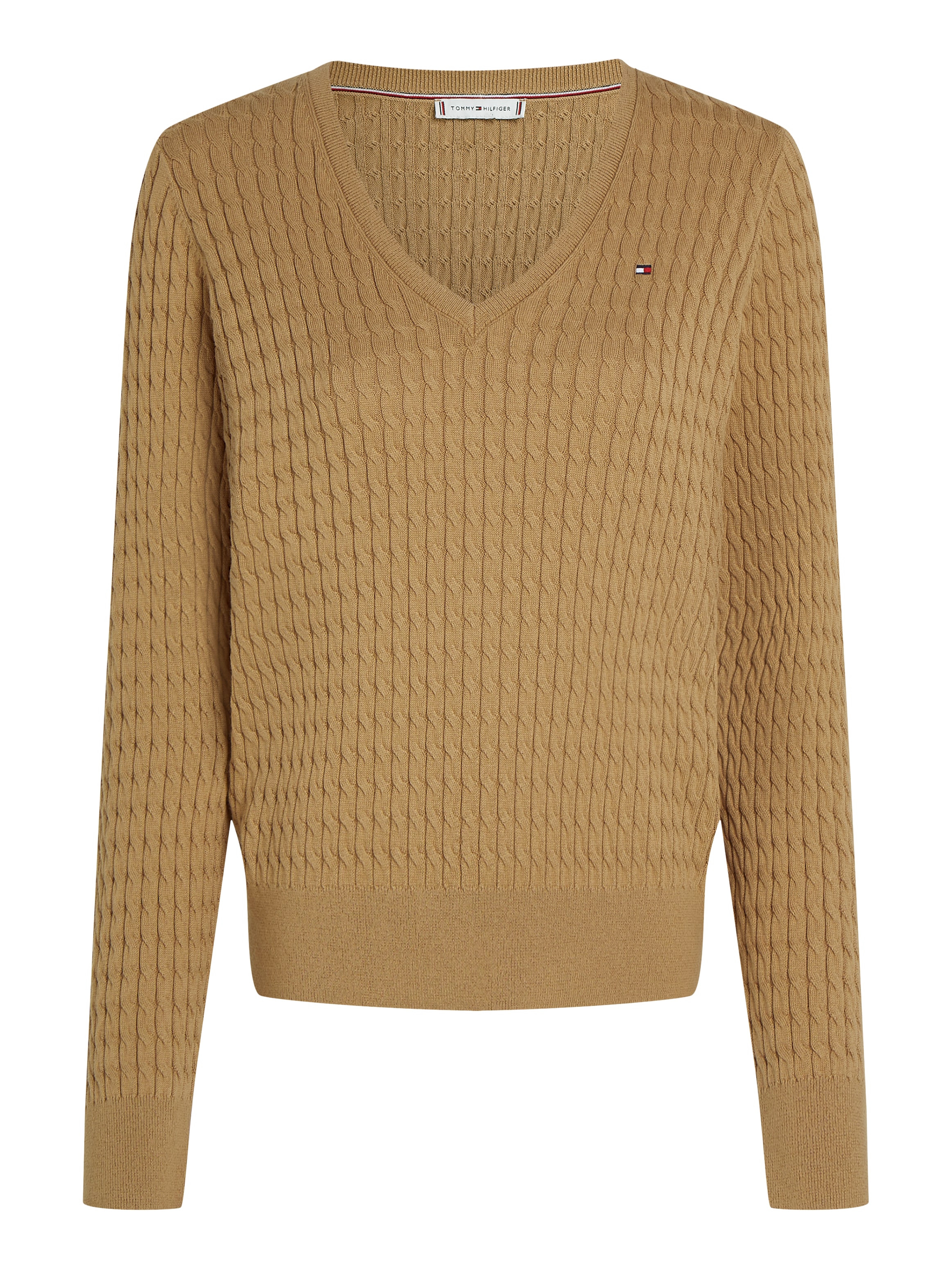 Tommy Hilfiger V-Ausschnitt-Pullover »CO CABLE V-NK LS SWT«, mit Zopfmuster, Logostickerei