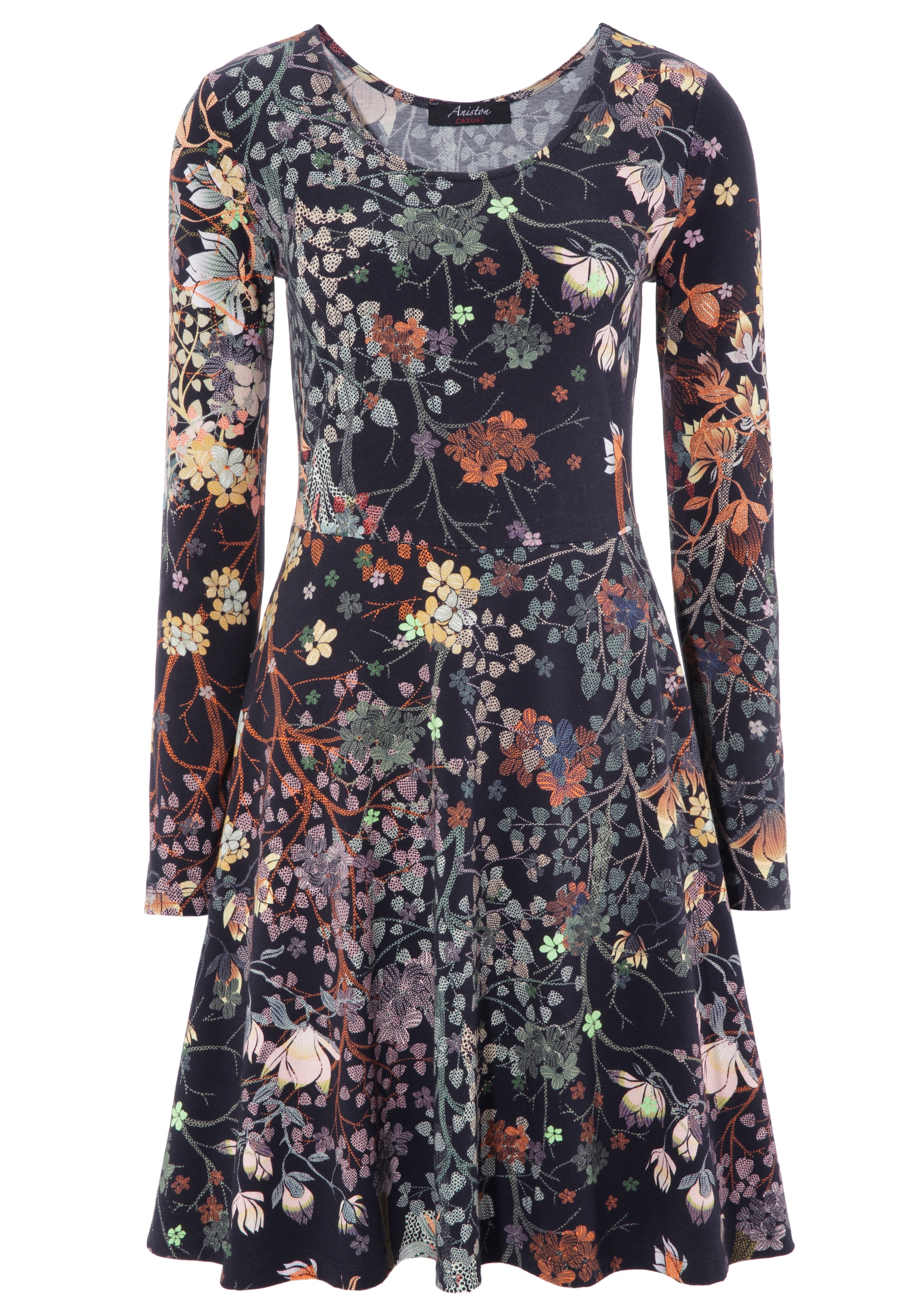 Jerseykleid ANISTON CASUAL, Damen, Gr. 40, N-Gr, bunt (schwarz, grün, orange, rot, mais, flieder, rose), Single Jersey, Obermaterial: 95% Baumwolle, 5% Elasthan, bedruckt, geblümt, kniefrei, Rundhals, Kleider Jerseykleid, mit Blumendruck oder in uni Schwa 3