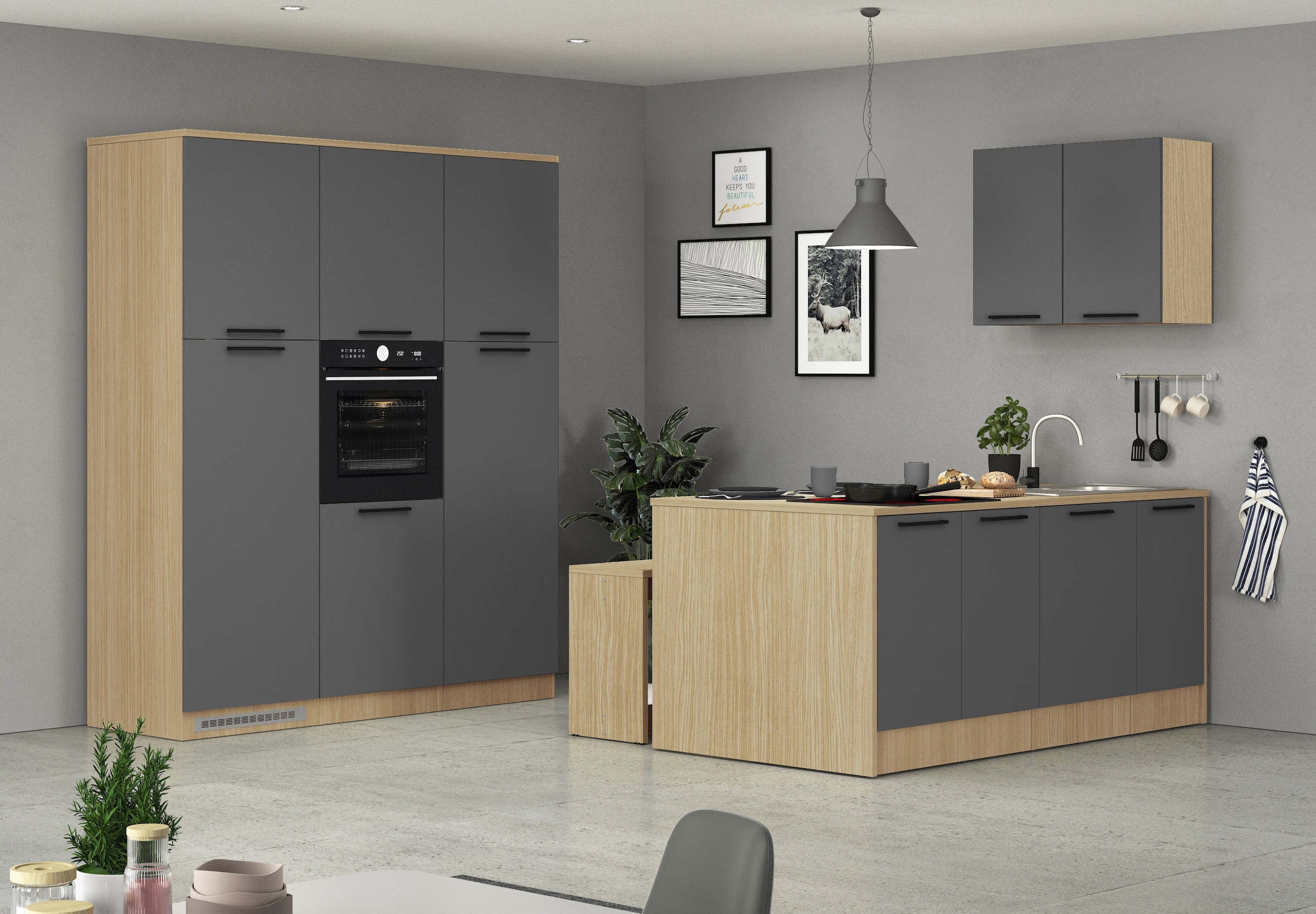 KOCHSTATION Küchenzeile "Luna, Küchenblock, Kücheninsel, Hängeschrank, Made in Italy" 3er-Set, Metallgriffe, Soft-Close-Funktion, inklusive Spüle
