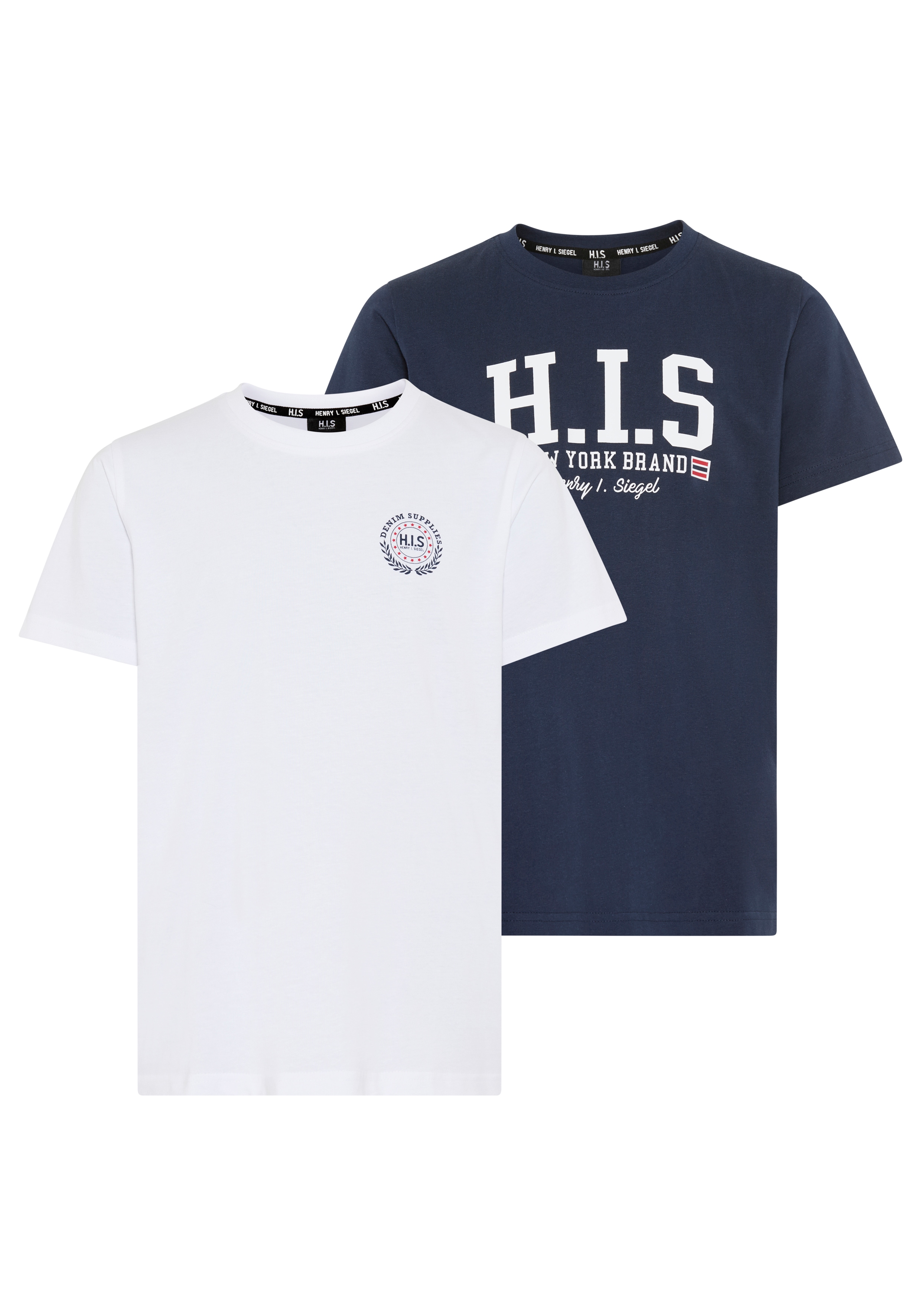 H.I.S "2er Pack T-Shirts mit Logodrucken für Jungen" Packung, 2, 2 tlg. Basic Schnitt, kurze Ärmel, bedruckte Optik, Logodrucke