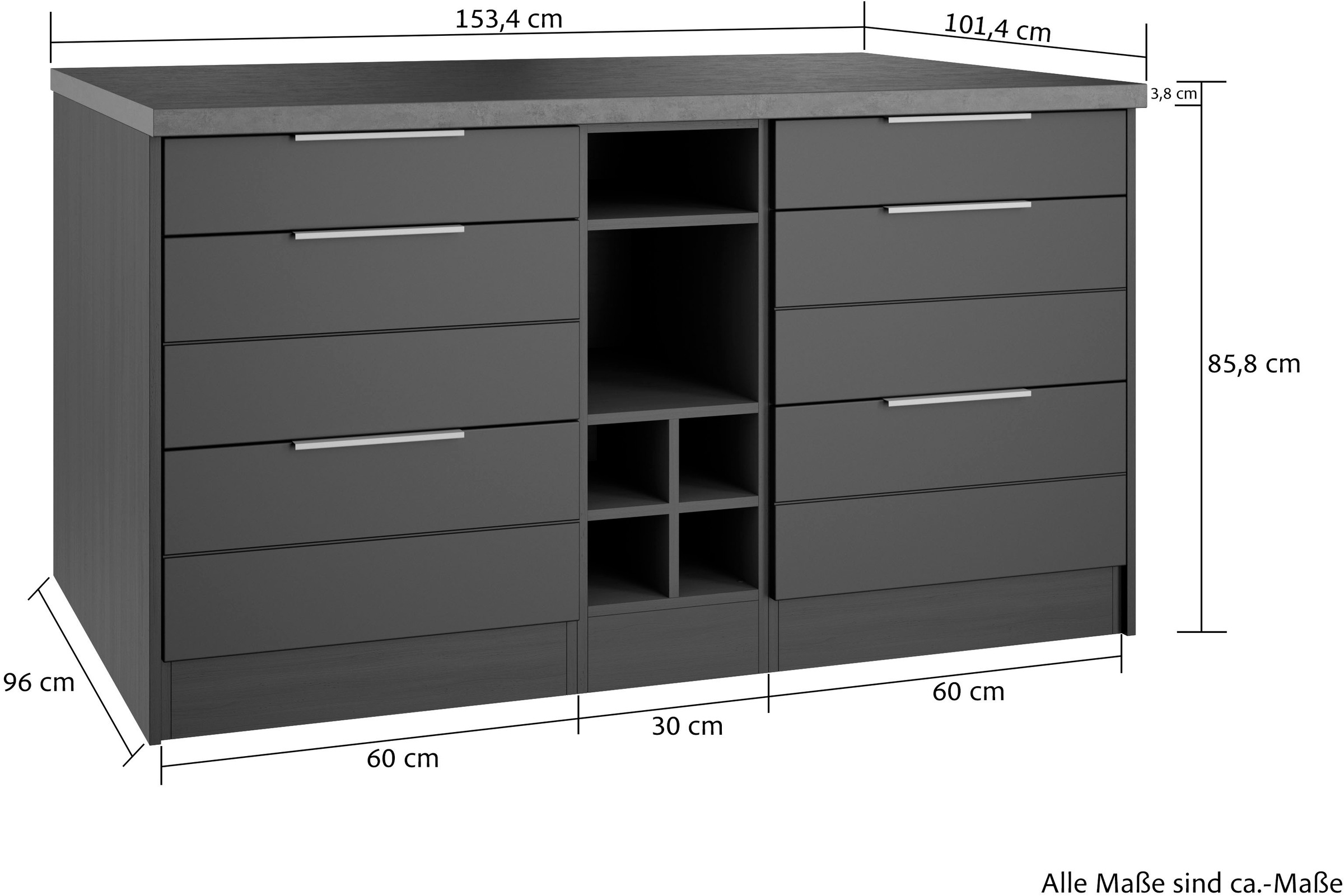 KOCHSTATION Kücheninsel »KS-Luhe, Breite 153 cm, mit Flaschenregal«, MDF-Fronten, Arbeitsplatte 38mm stark
