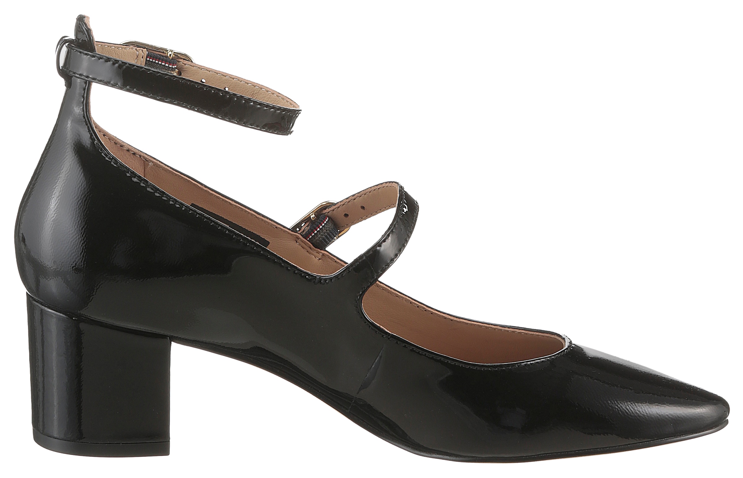 Tommy Hilfiger Spangenpumps »PUMP DOUBLE STRAP PATENT LEATHER«, Blockabsatz, Abendschuh, Partyschuh, TH-Schmuckelement, schmale Form