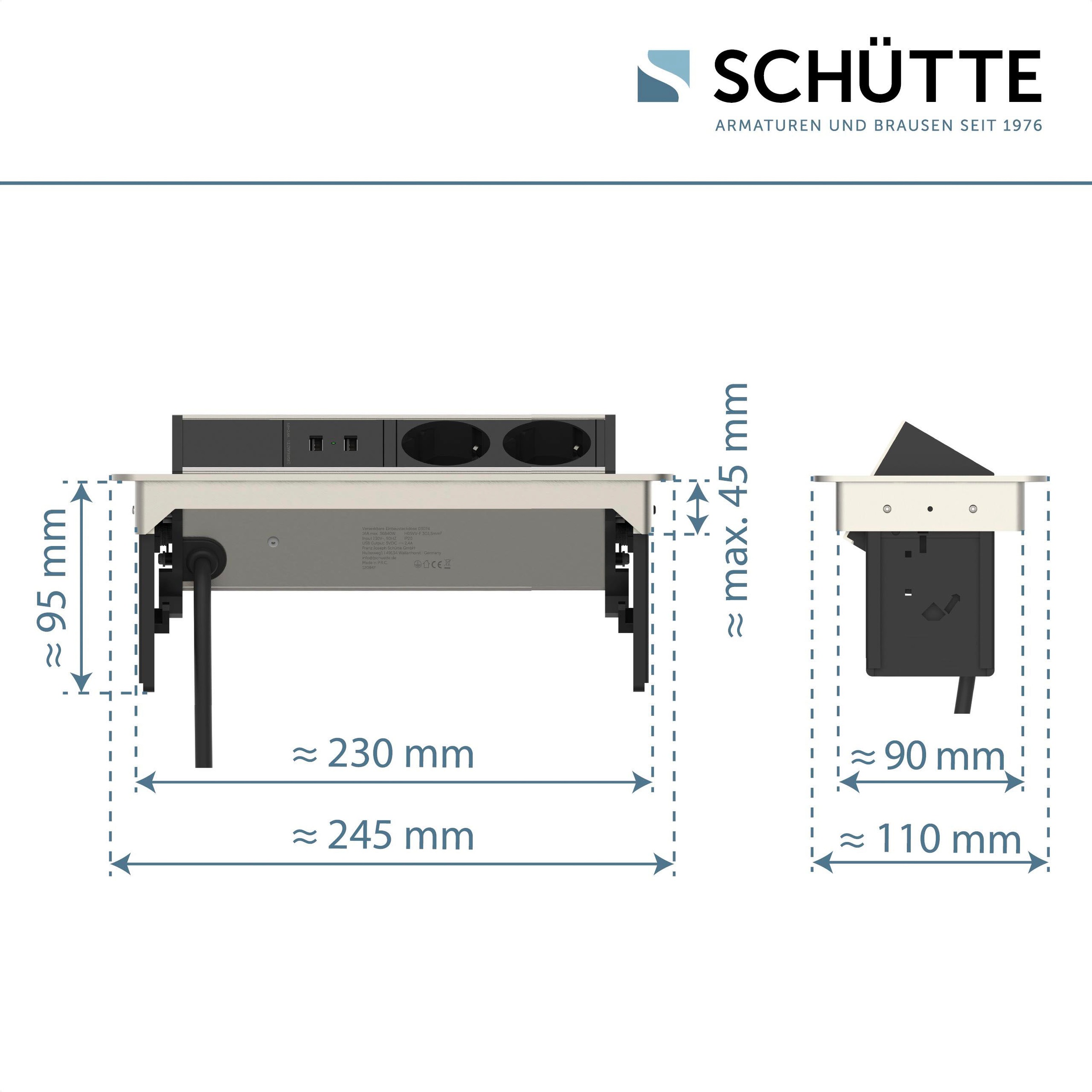 Schütte Einbau-Tischsteckdosenleiste »E2«, 2-fach, (Klappendeckel Schutzkontaktstecker Kabellänge 2,3 m), versenkbar, 2-fach und 2 x USB