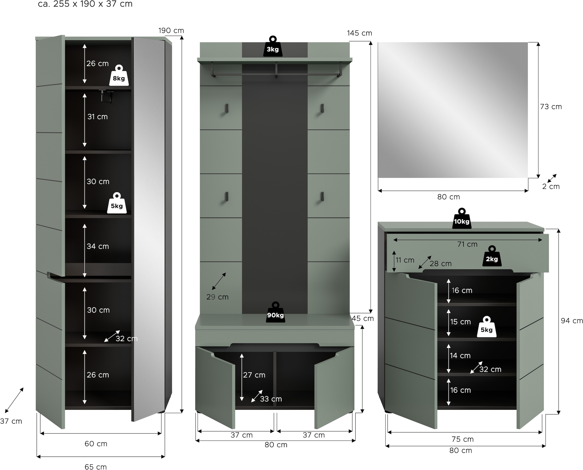 INOSIGN Garderoben-Set, (Set, 5 St., bestehend aus: Garderobenschrank, Sitzbank, Paneel, Spiegel, Kommode), Garderobenkombination, Kombination, Set, Flurgarderobe, Diele