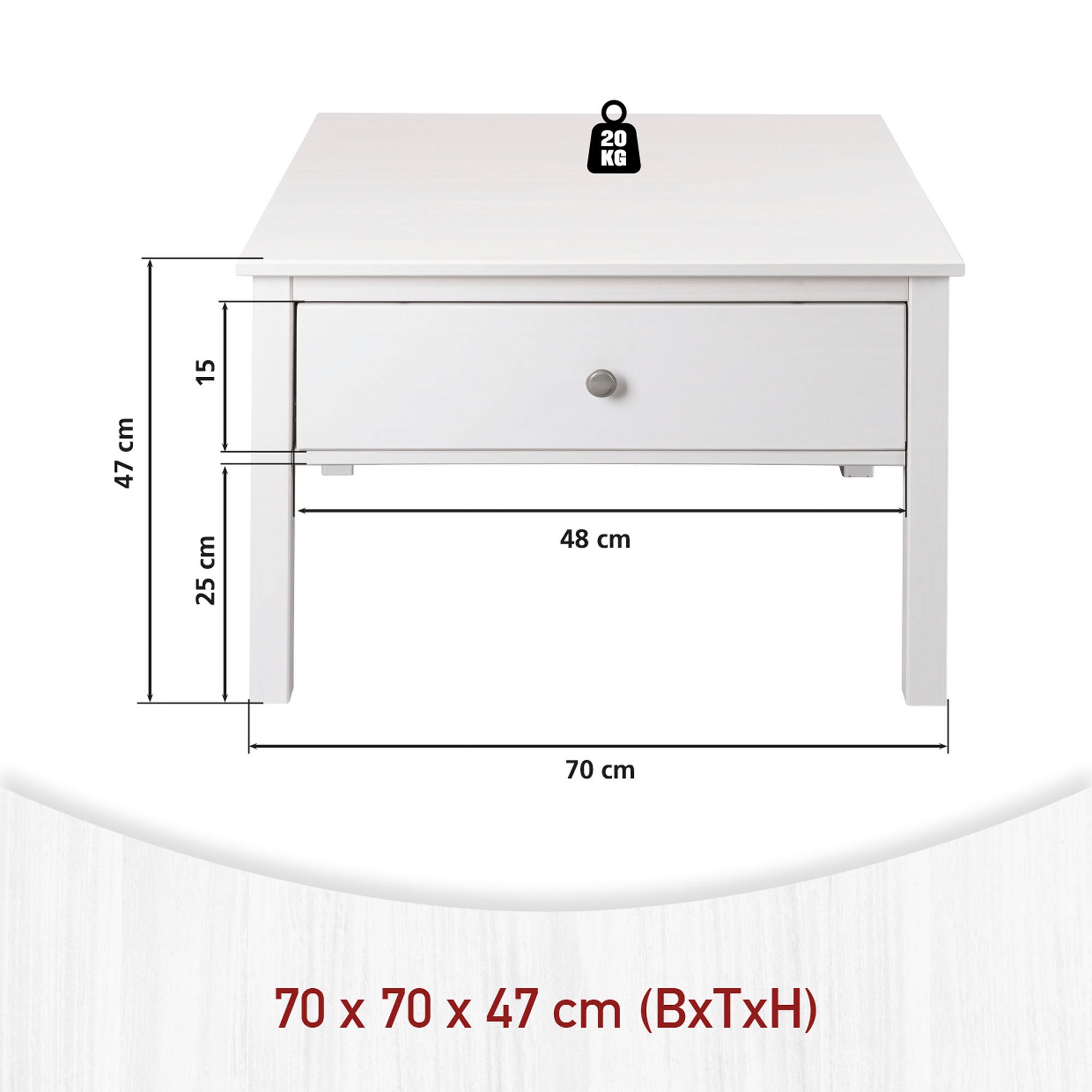 Inter Link Couchtisch »Pinora aus massiver Kiefer, weiss lackiert, 70 x 70 x 47 cm« 1 Stk. tlg. Salontisch im modernem Skandi Look, mit Schublade