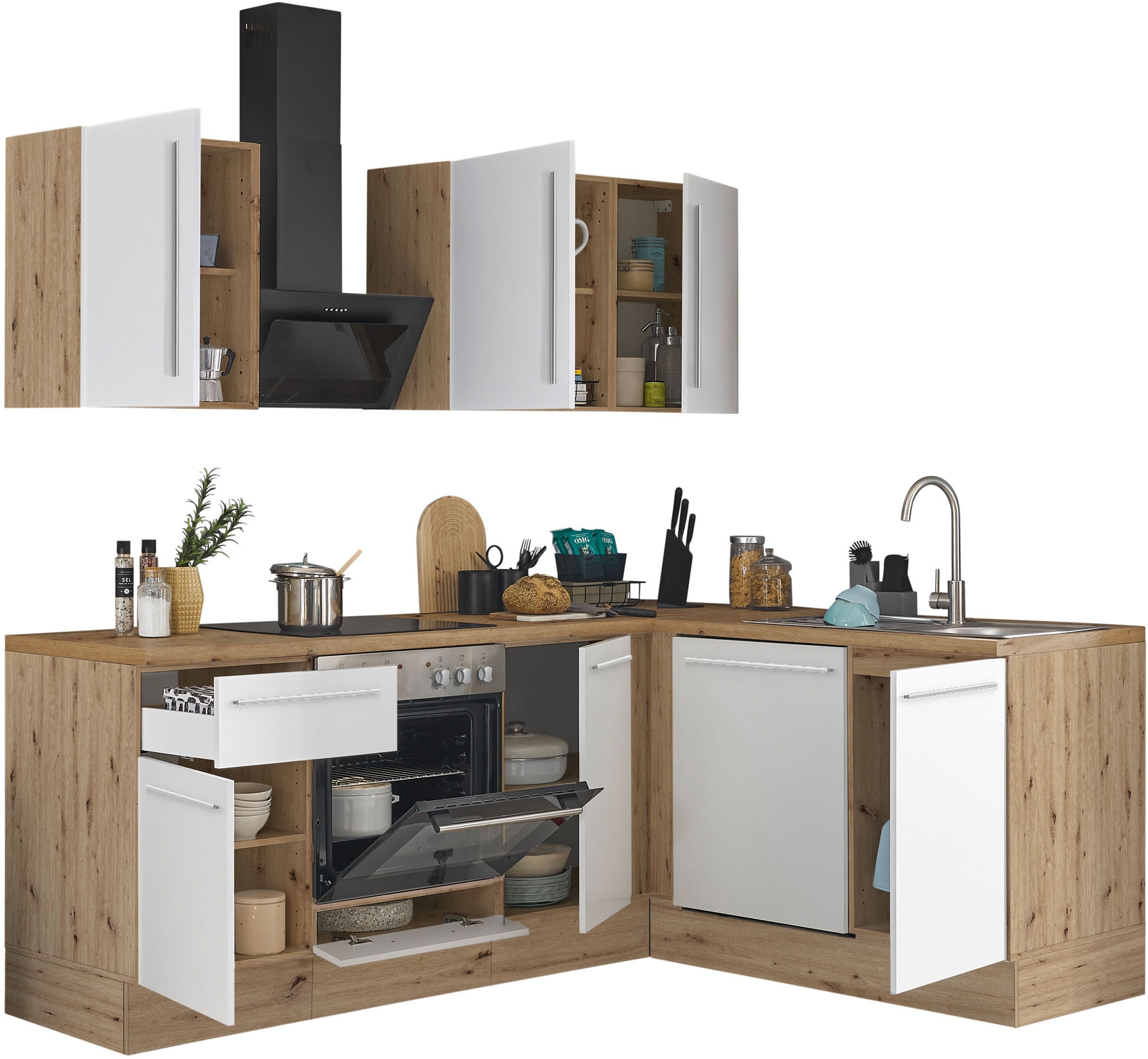 KOCHSTATION Winkelküche »Florida, Stellbreite 220x175 cm«, wahlweise mit E-Geräten, mit Softclose für Türen und Schubkästen