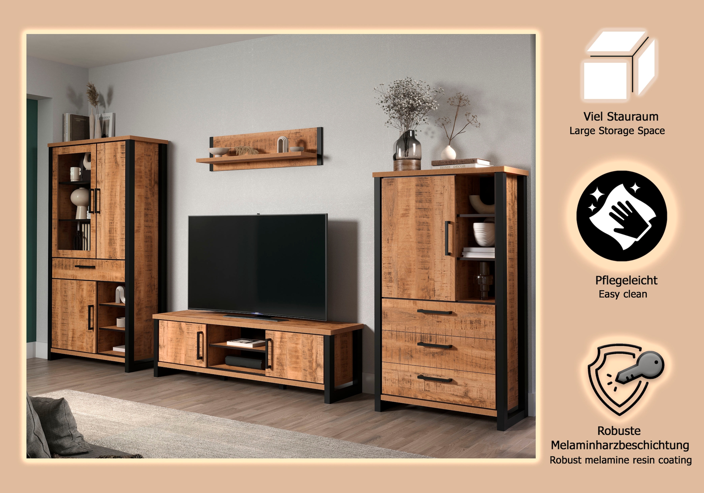 Home affaire Wohnwand »Elda« Komplett-Set, 4 Stk. tlg. Set bestehend aus: TV Lowboard, Vitrine, Wandboard,Highboard