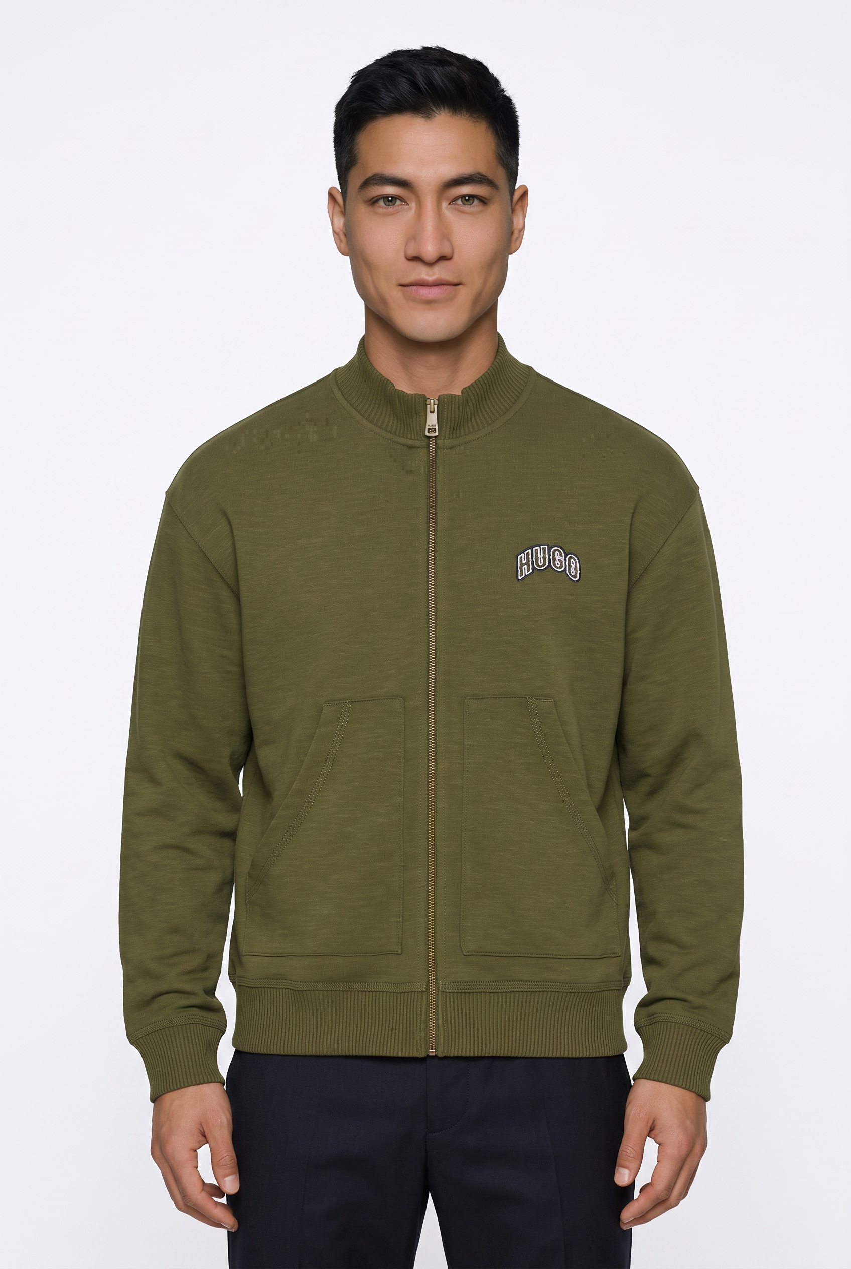 HUGO Sweatjacke "Nuvojack" Stehkragen Metallreißverschluss, reine Baumwolle