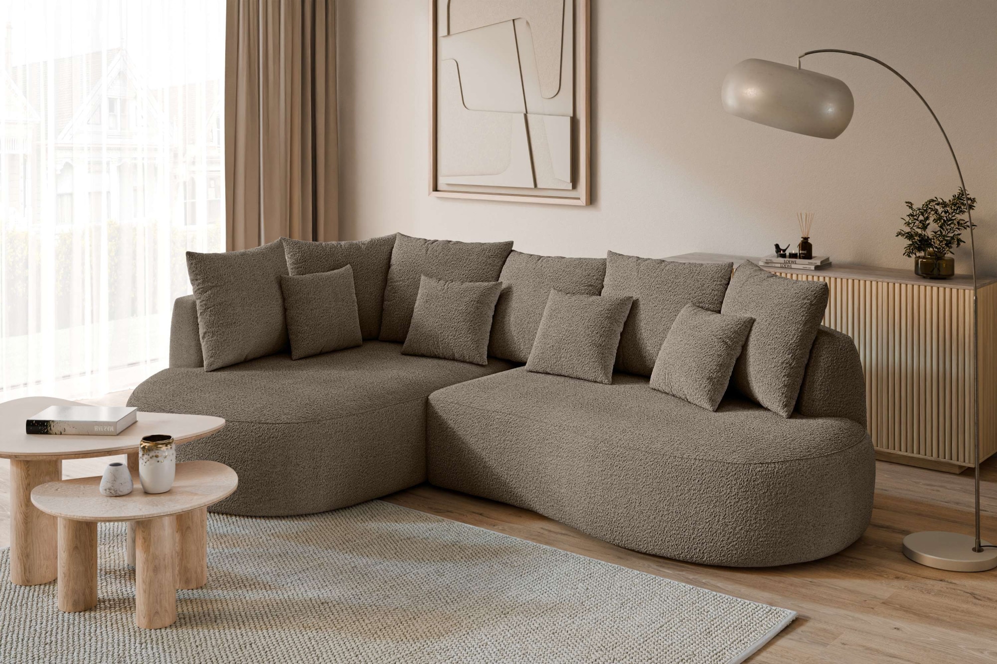 homsy by Ana Johnson Ecksofa "PEBBLA L-Form mit vielen Kissen, modernes Design, Bezug- Boucle" Breite 267 cm, Design-Sofa mit Ottomane recht/links bestellbar