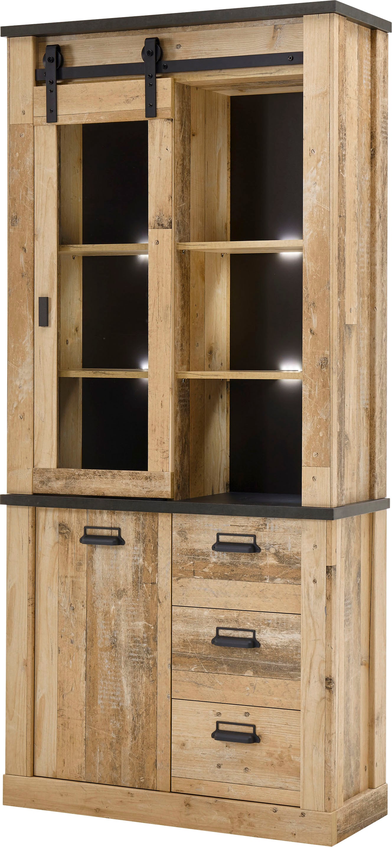 Home affaire Vitrine "Sherwood, Hochschrank im Industrial-Style, moderne Glasvitrine" Scheunentorbeschlag und Apothekergriffe aus Metall, Höhe 201 cm