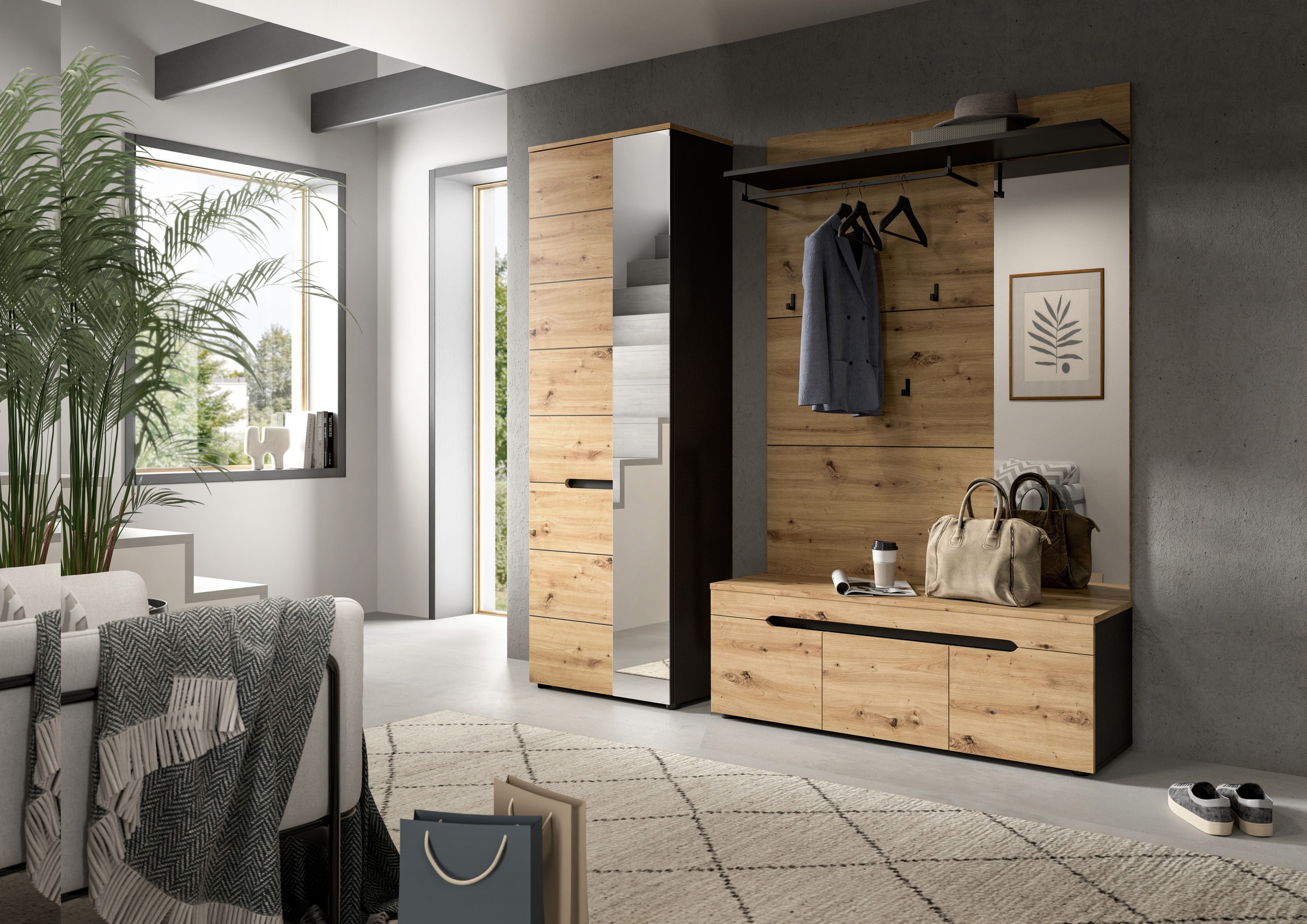 Home affaire Garderoben-Set »REHAT, TOPSELLER!, 3-teilig, Breite 200 cm, individuell stellbar« Set, best. aus: Garderobenschrank, Sitzbank & Garderobenpaneel, 3 Stk. tlg.