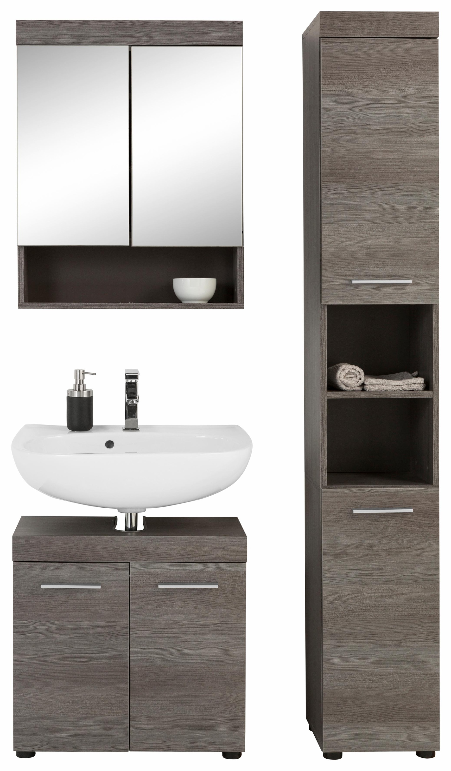welltime Badmöbel-Set »Royan«, (Set, 3 St.), Rauchsilber Badezimmermöbel Waschtisch, Spiegelschrank und Hochschrank