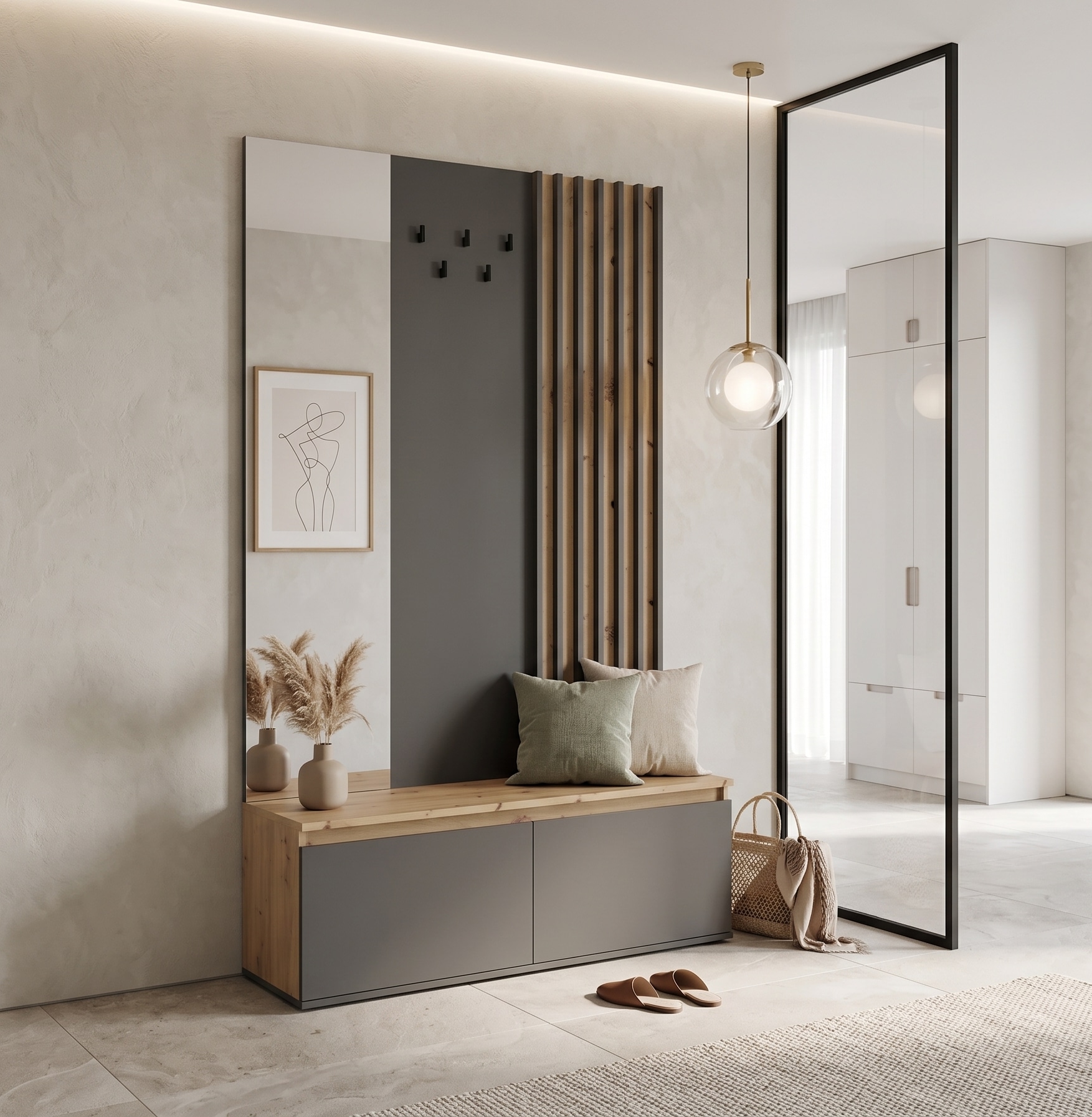 Home affaire Garderobenpaneel »LANDUVA Garderobe mit Schuhschrank, Spiegel und Haken, Breite 120 cm« Garderoben-Set, Kompaktgarderobe, mit Sitzbank, Lamellen Design