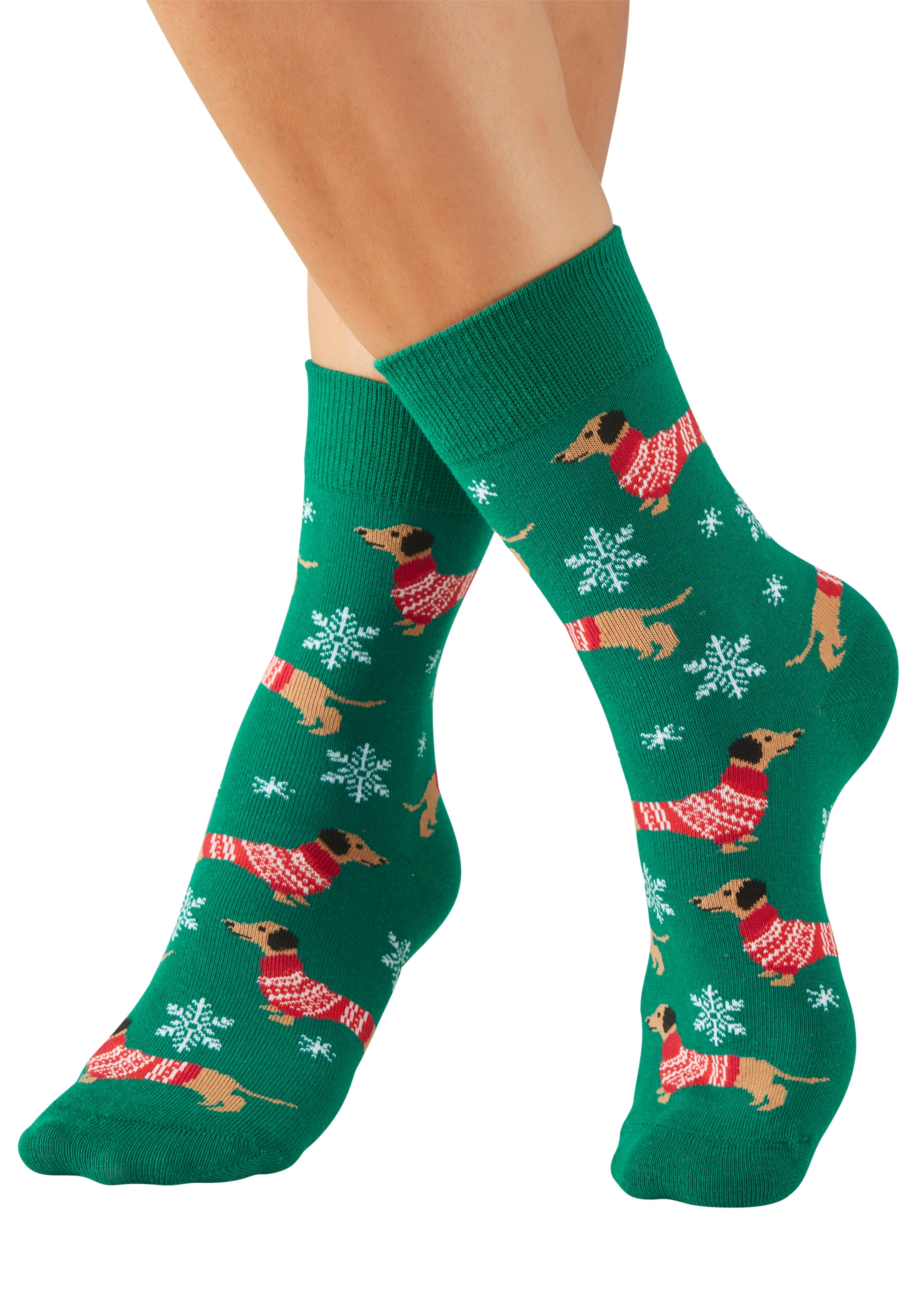 LASCANA Freizeitsocken »Damen Weihnachtssocken« Packung, 3 Paar tlg. mit lustigen Dackelmotiven