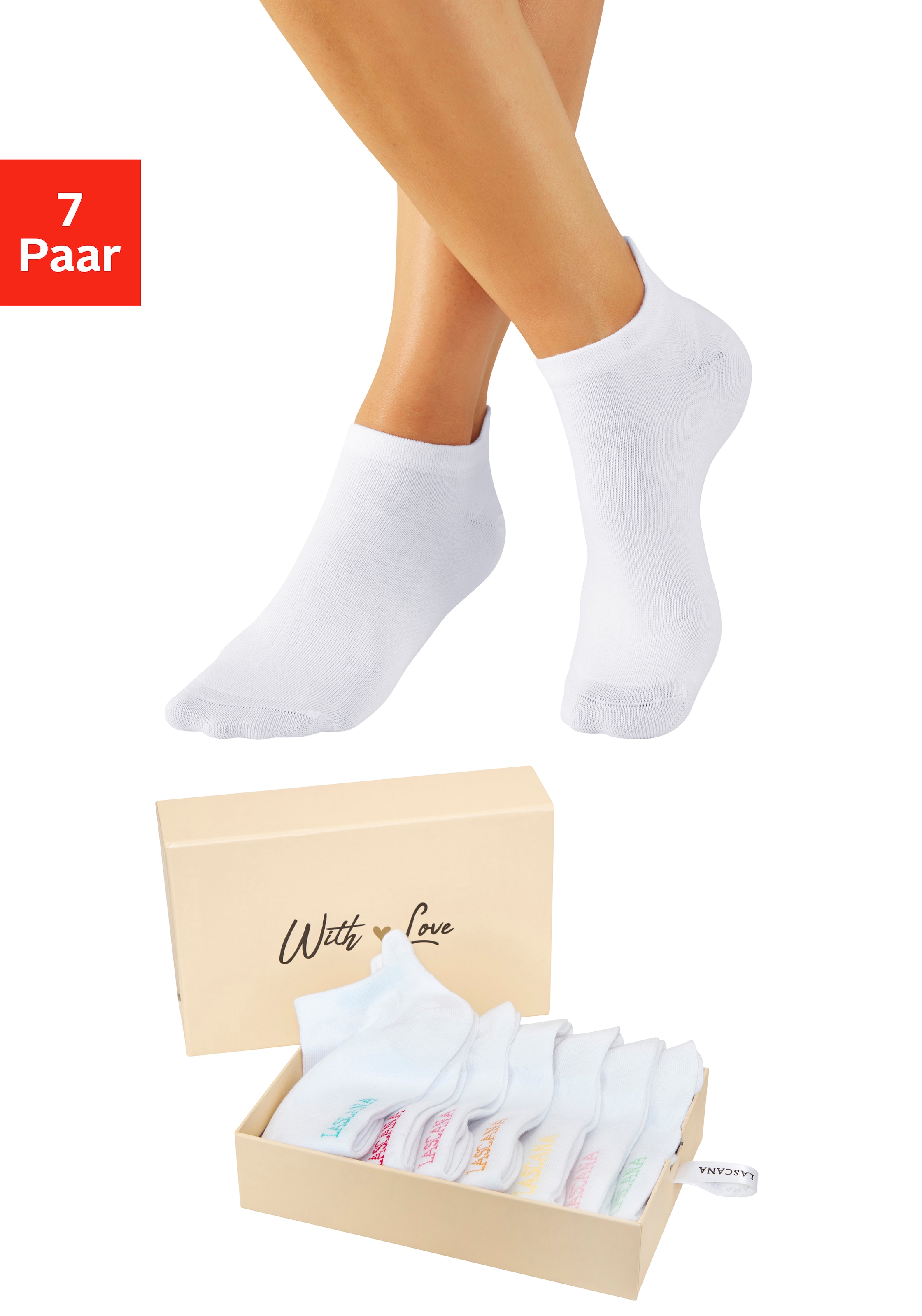 LASCANA Sneakersocken "für Damen mit eingestricktem Markenlogo" Box, Box, 7 Stk. tlg. in ansprechender Geschenkbox