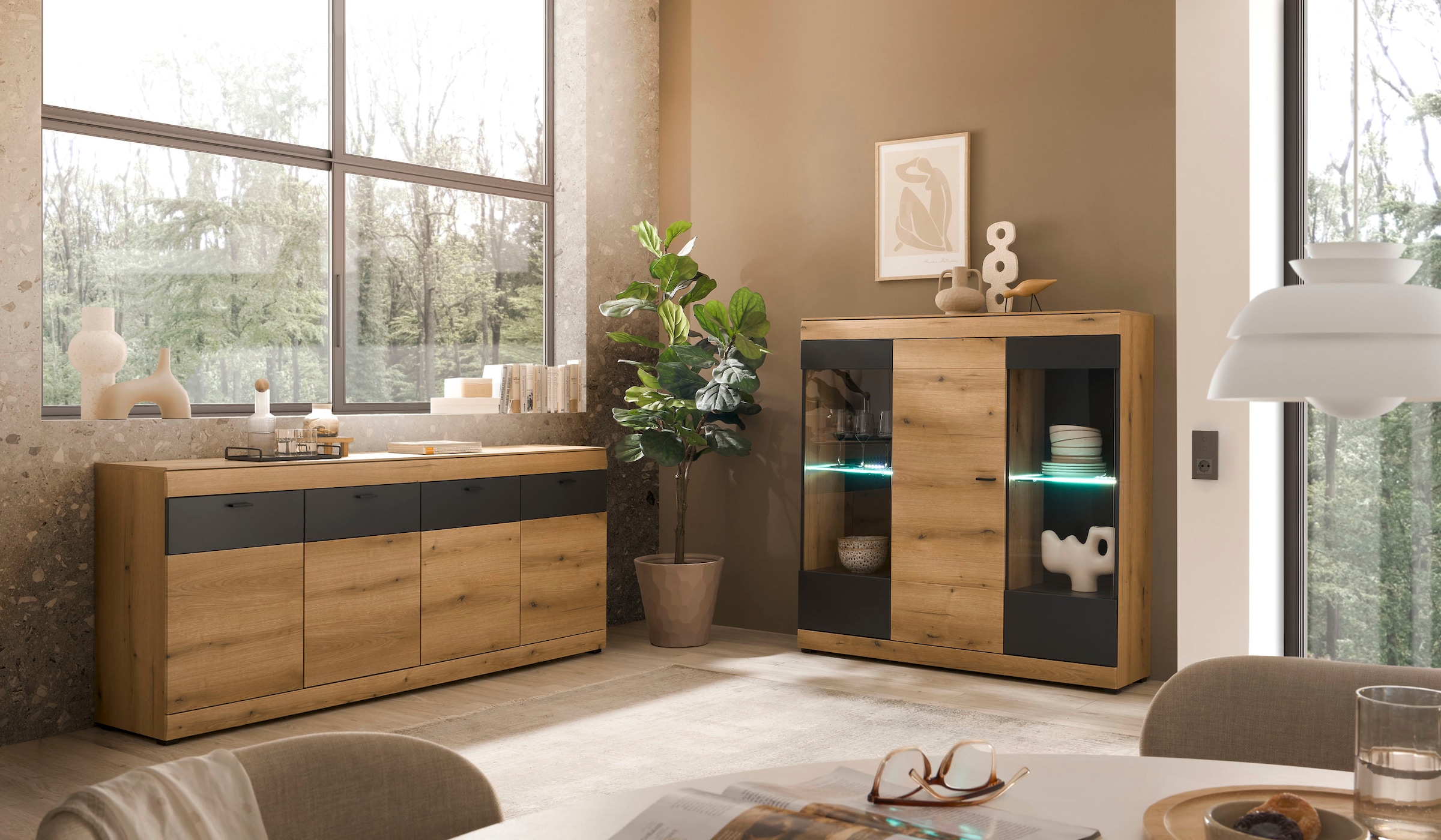 Home affaire Highboard »Soleto, moderner Schrank, Vitrine in Eiche Evoke« zeitlos, schwarze Griffe aus Metall, ausreichend Stauraum