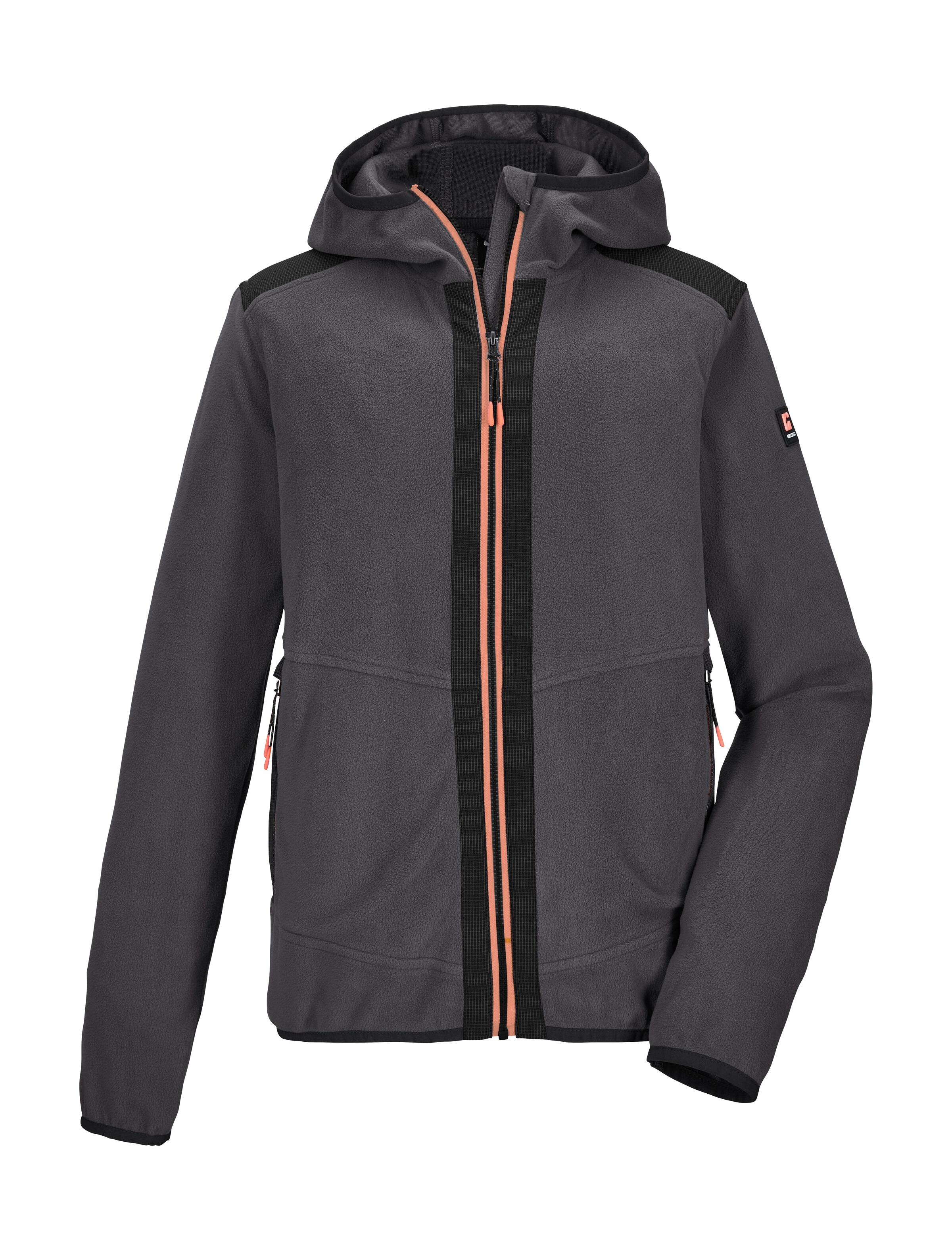 Fleecejacke KILLTEC "KOS 139 BYS FLC JCKT", Jungen, Gr. 128, anthrazit, Obermaterial: 100% Polyester;Obermaterial 2: 100% Polyester, Jacken Fleecejacke, Fleecejacke mit Colourblock, Kapuze, 2-Wege-Stretch