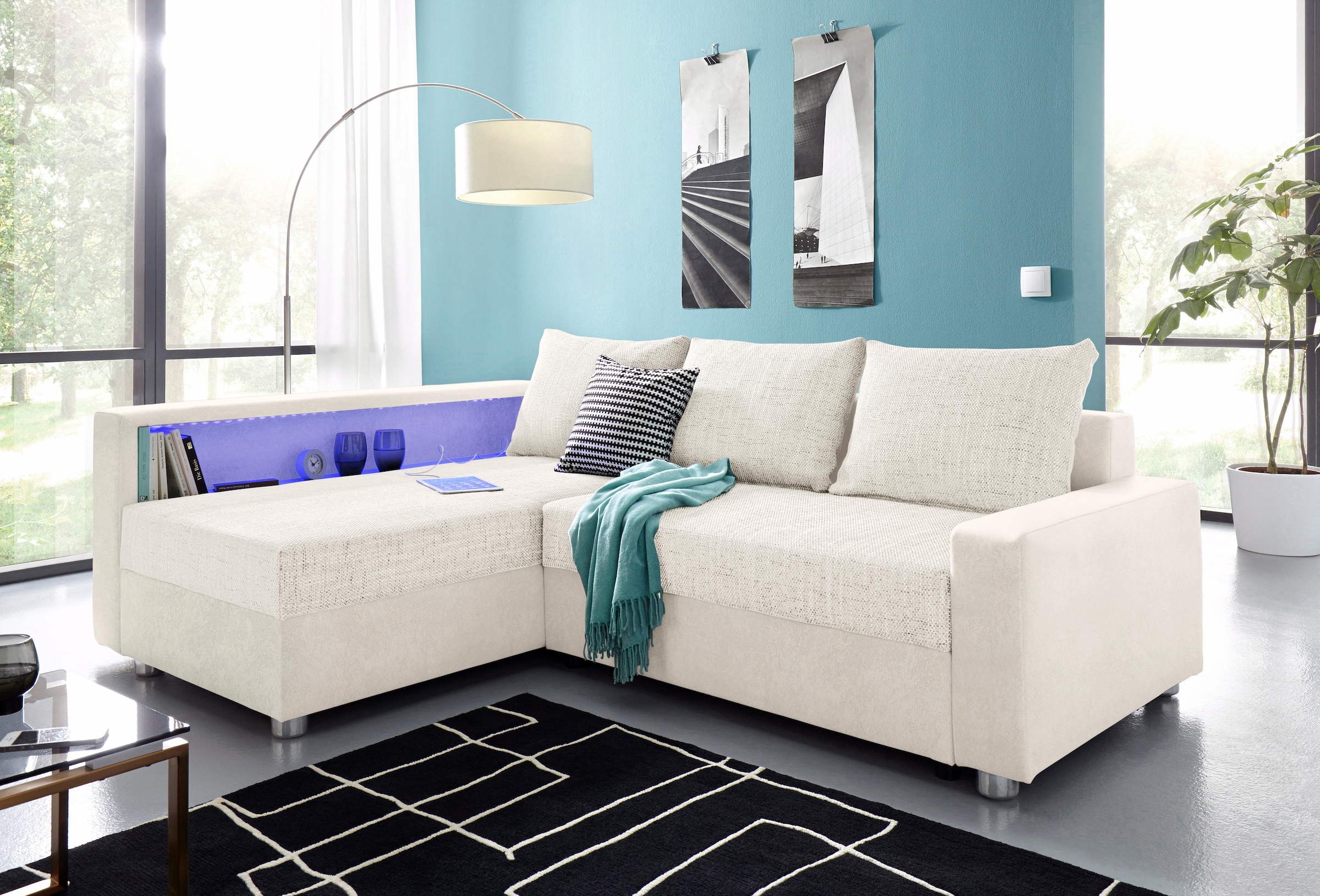 COLLECTION AB "Relax L-Form, B: 223 cm" Schlaffunktion, Bettkasten, Regal & 1 Zierkissen, optional Licht