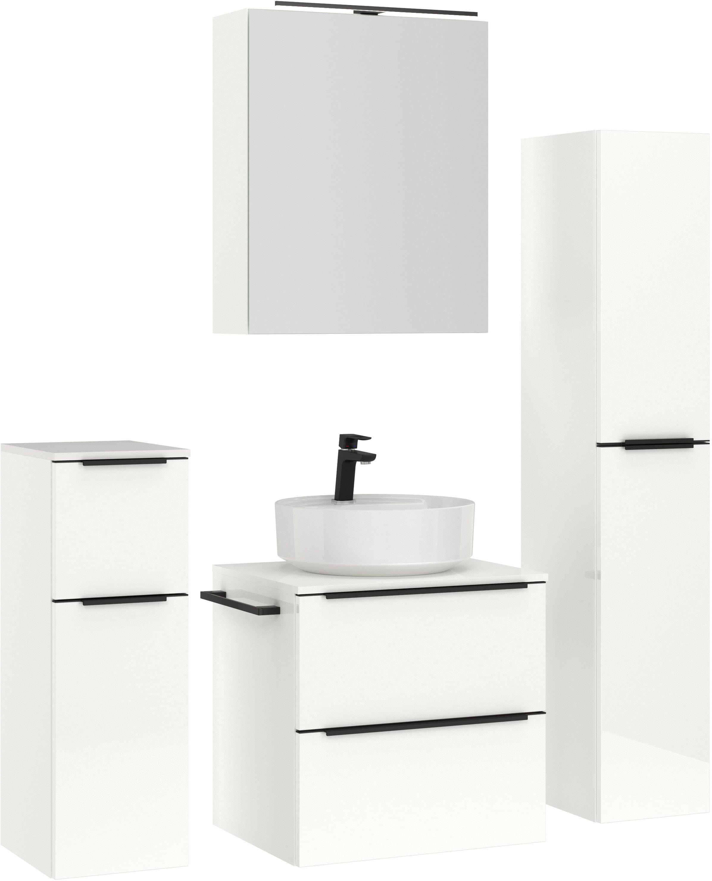 nobilia® Badmöbel-Set »Alvene«, (4 St., vormontiert, mit Soft-Close), inkl. Spiegelschrank mit Beleuchtung und Dimmerfunktion, in 4 Breiten