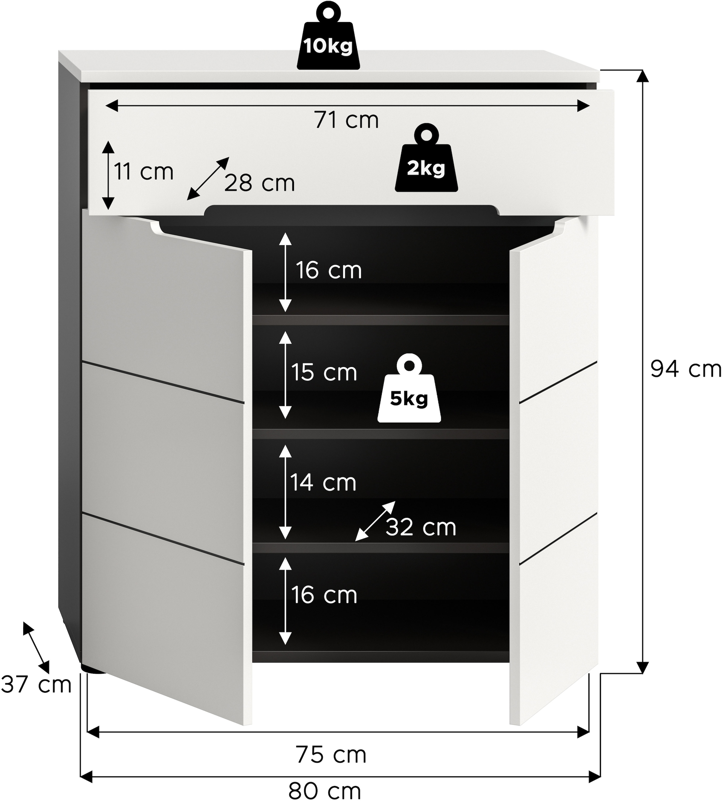 INOSIGN Schuhkommode »REHAT, TOPSELLER!, Breite 80cm, 2 Türen, 1 Schubkasten, 4 Fächer«, (1 St.), Rehat, Schuhkommode, Basalt grau / Weiß NB, ca. 12 Paar Schuhe