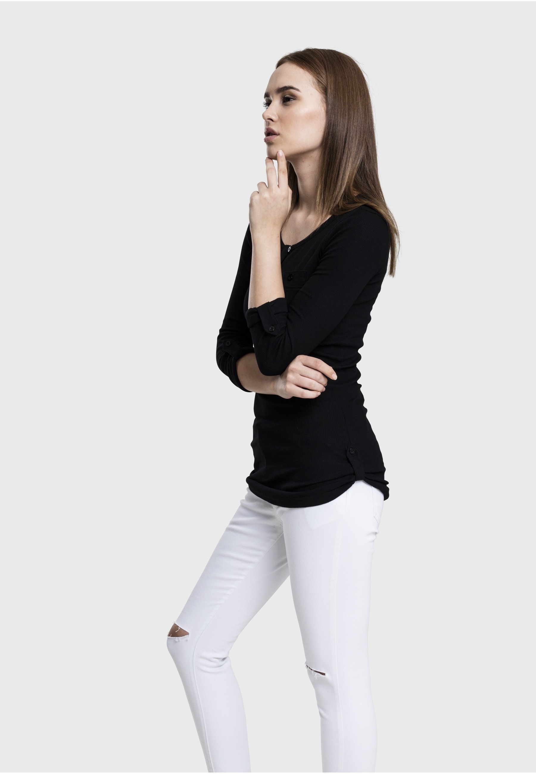 URBAN CLASSICS Longsleeve »Urban Classics Damen Ladies Long Rib Pocket Turnup Tee« 1 Stk.