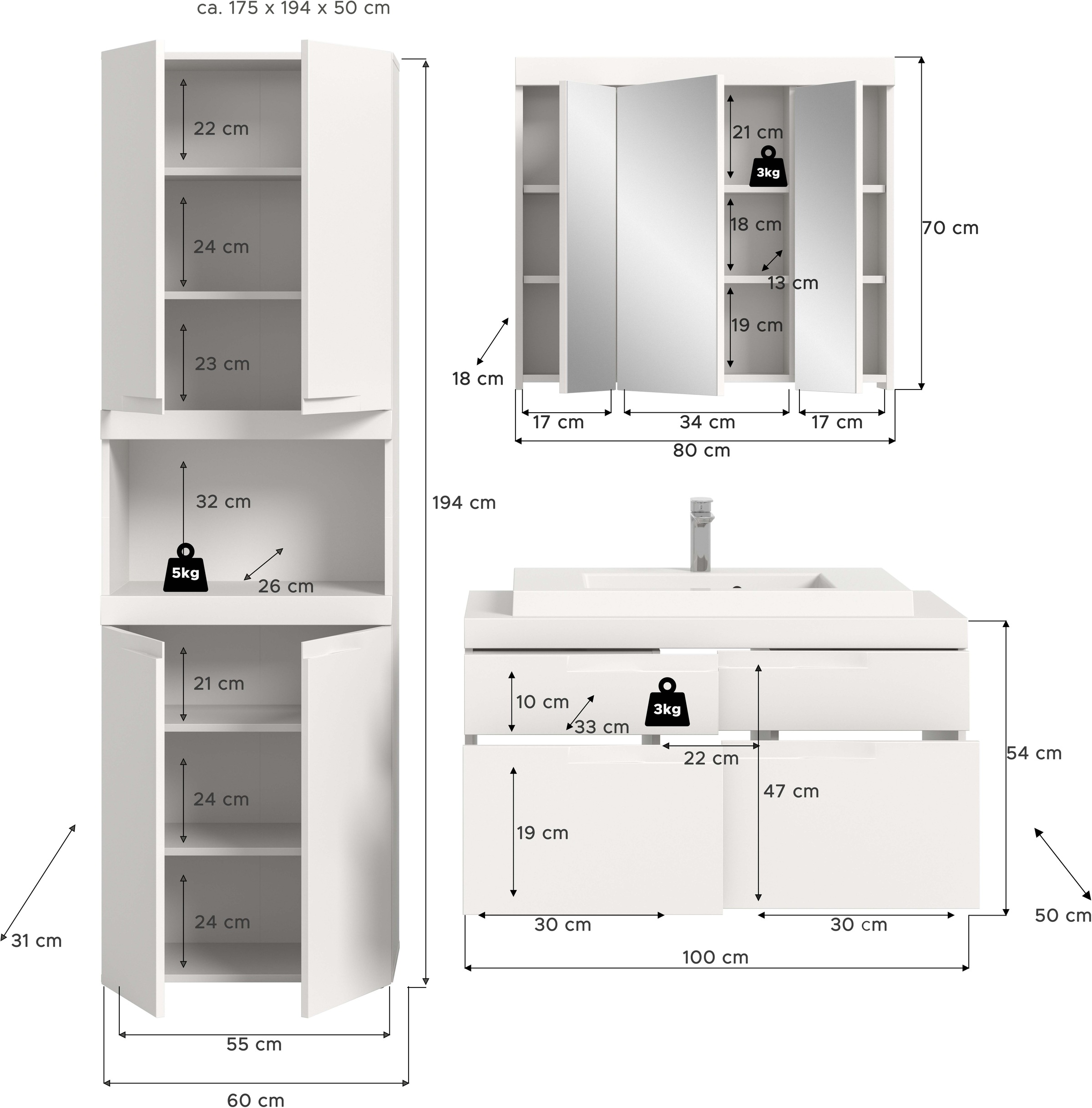 OTTO home Badmöbel-Set »MAOI, 3-teilige Badkombination, hochwertige MDF Front«