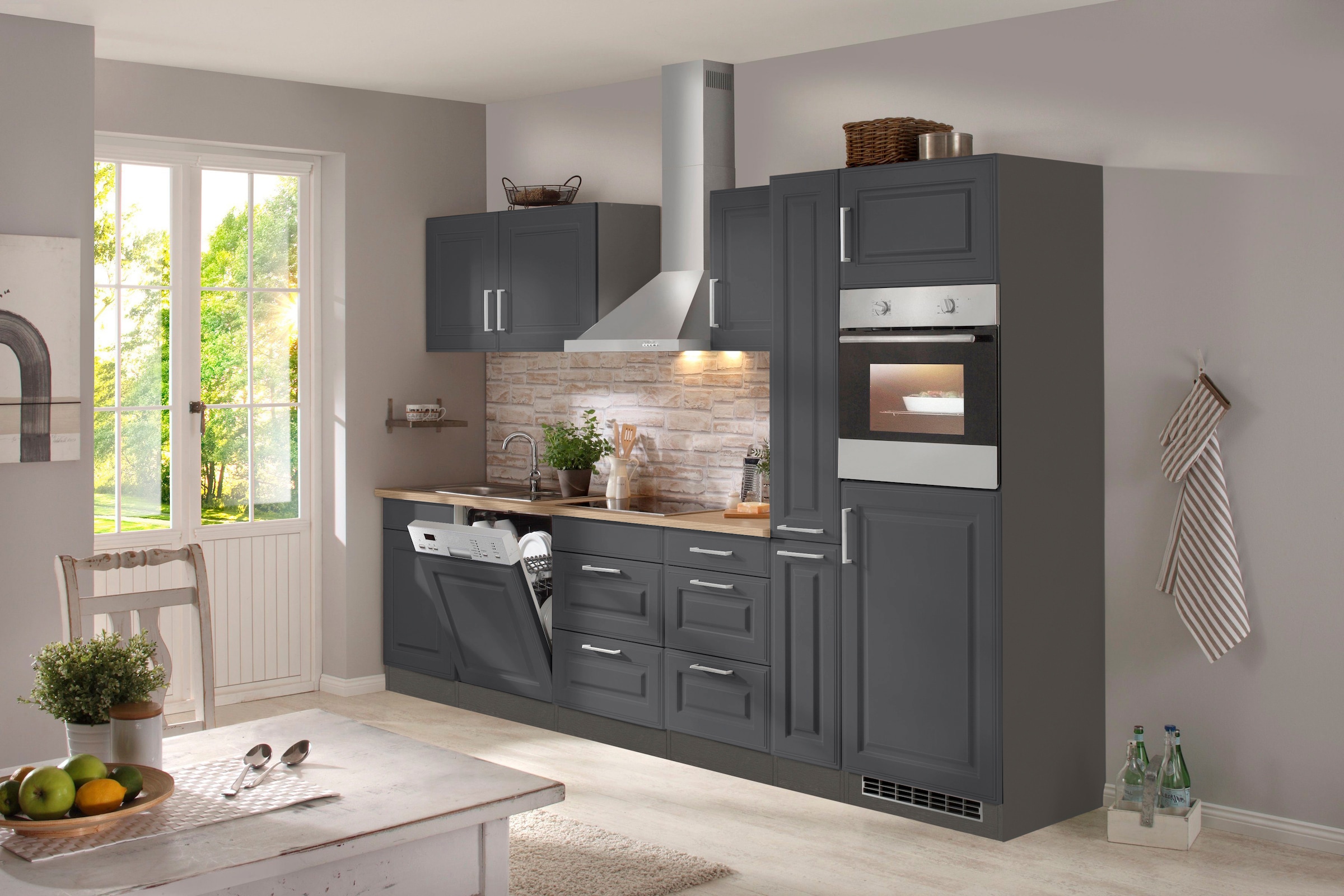 KOCHSTATION Küchenzeile »KS-Stockholm« Breite 310 cm, mit hochwertigen MDF Fronten im Landhaus-Stil