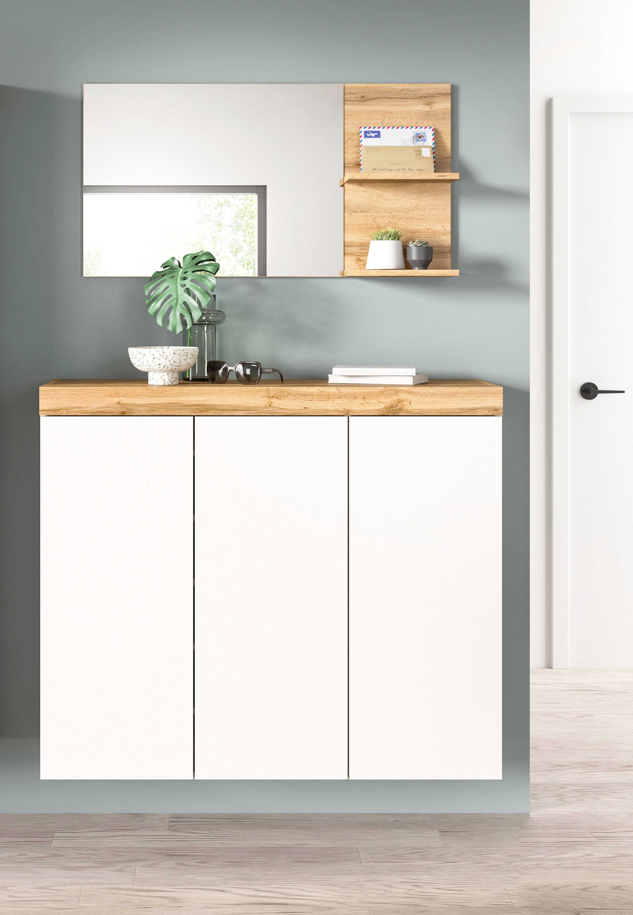 OTTO home Garderoben-Set »MAMBO, TOPSELLER!, 2-teilige Kombination, stehend & hängend montierbar« bestehend aus: Kommode, Spiegel, 2 Stk. tlg.