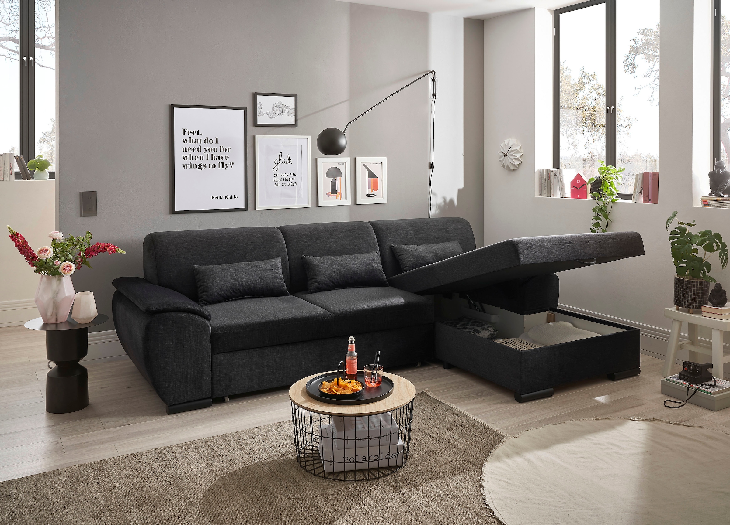 ED EXCITING DESIGN Ecksofa »Tampa L-Form«, mit Bettfunktion, Bettkasten & 3 Nierenkissen