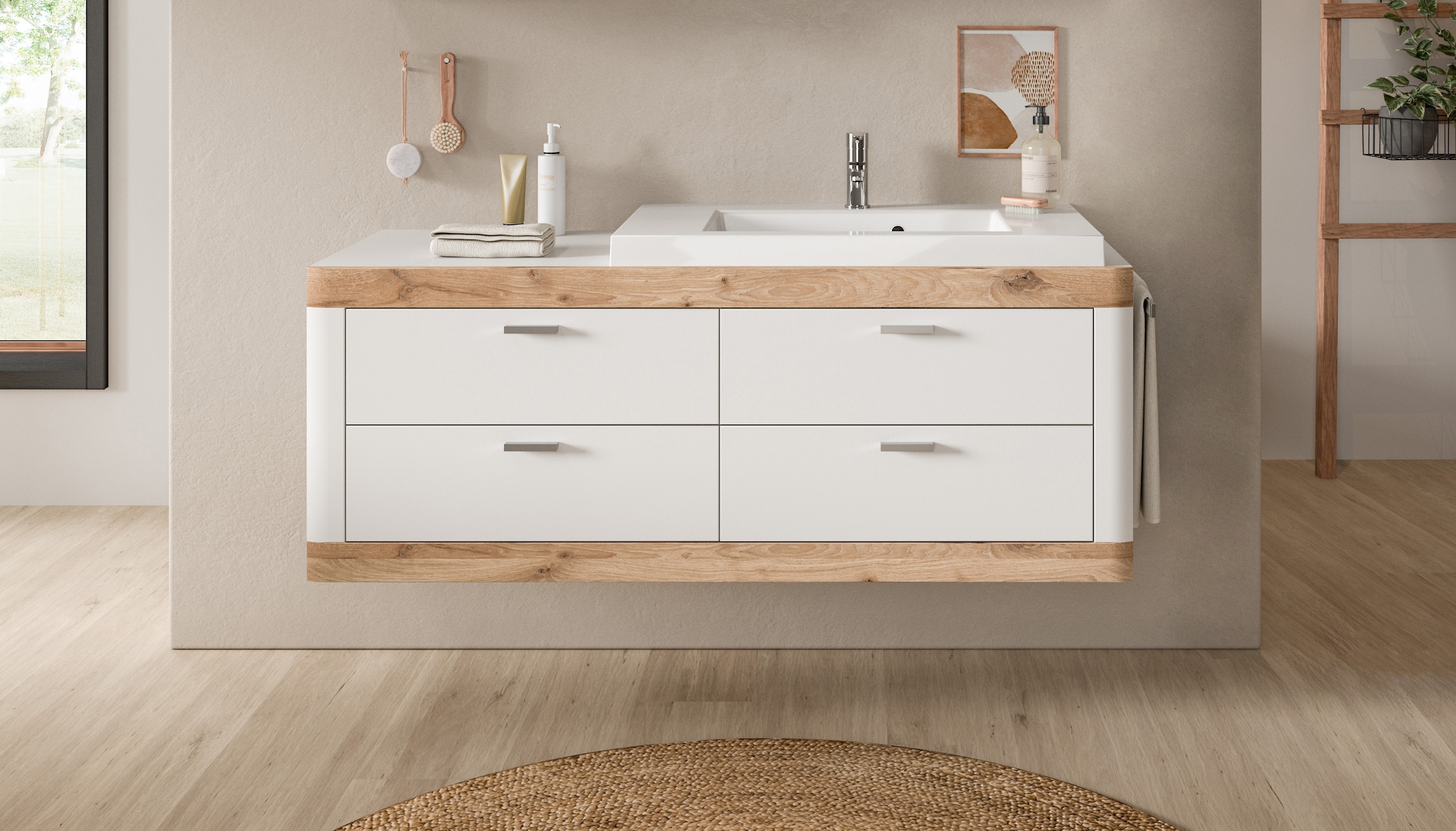 Home affaire Waschtisch »Landsby, Breite 133 cm, inkl. Mineralguss-Waschbecken, 4 Schubkästen«, inkl. Waschbecken