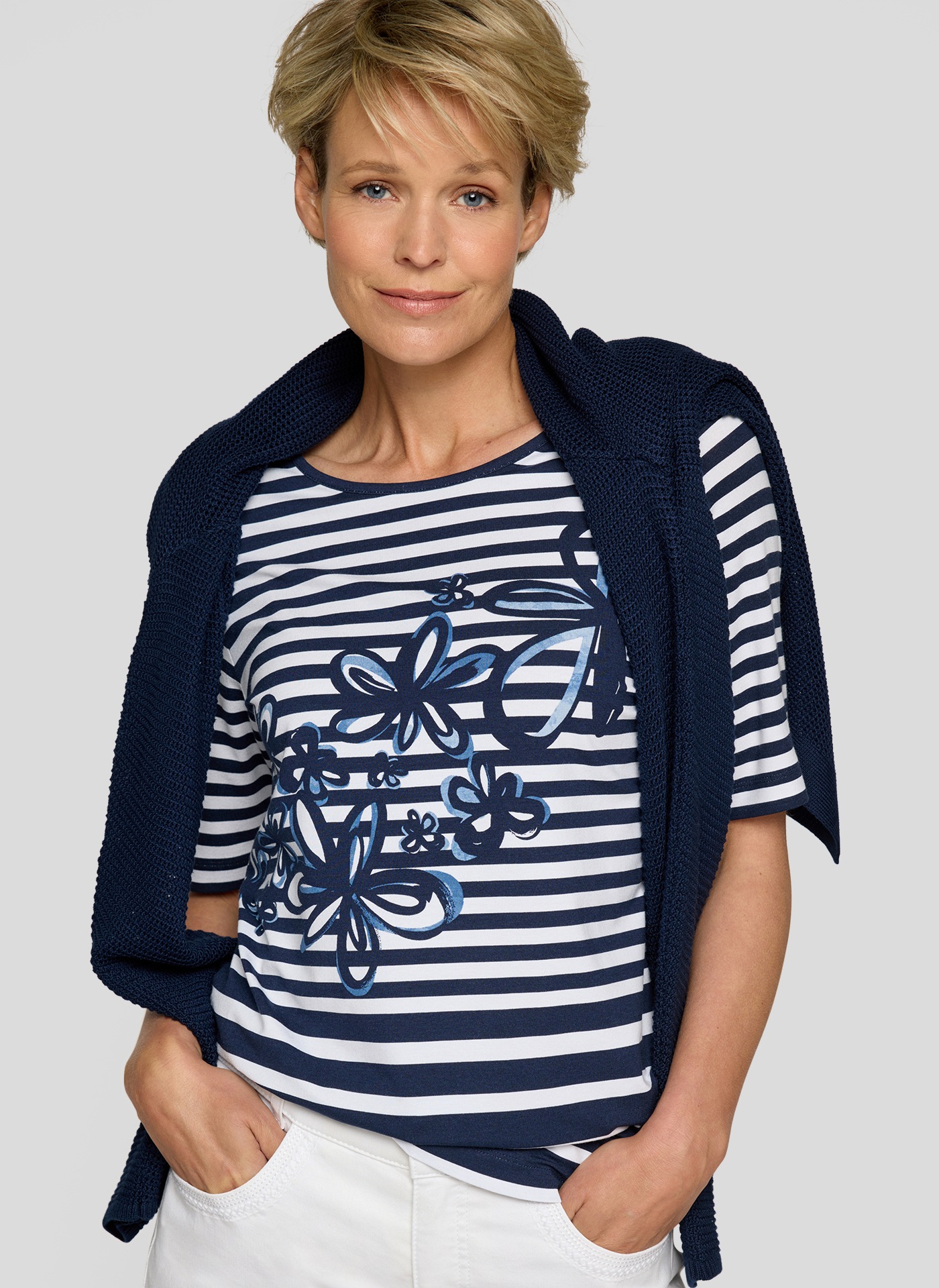 Rabe Rundhalsshirt, im Streifen-Design und mit floralem Muster günstig online kaufen