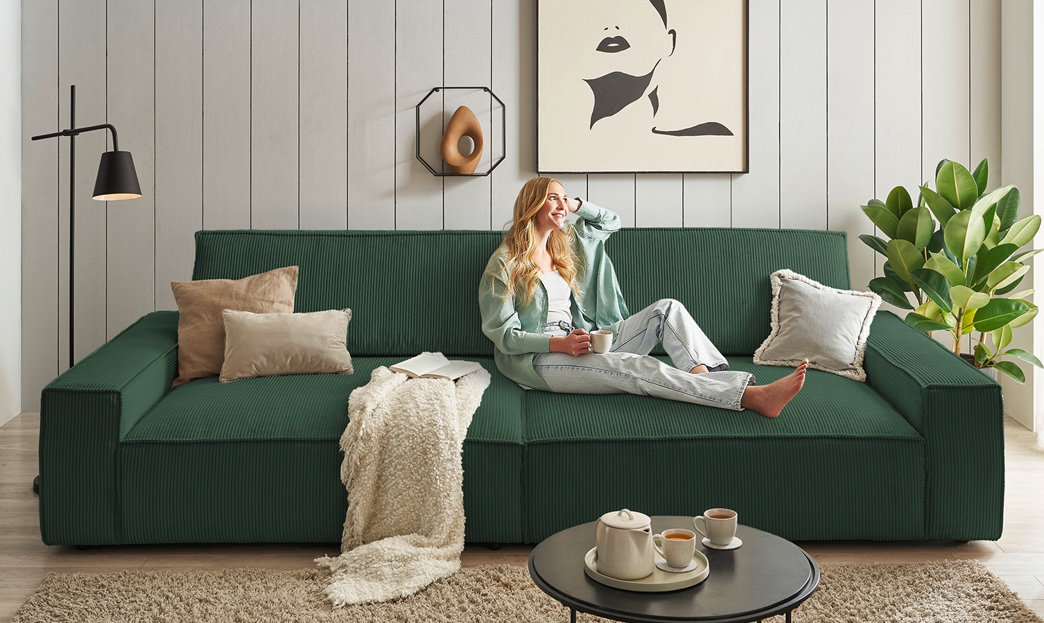 OTTO home Big-Sofa "SHERWOOD XXL Cord, Big-Sofa (316cm), extra tiefe Sitzfläche 95 cm" bequemer Sitzkomfort, Cord u. Leinenoptik, Kedernaht